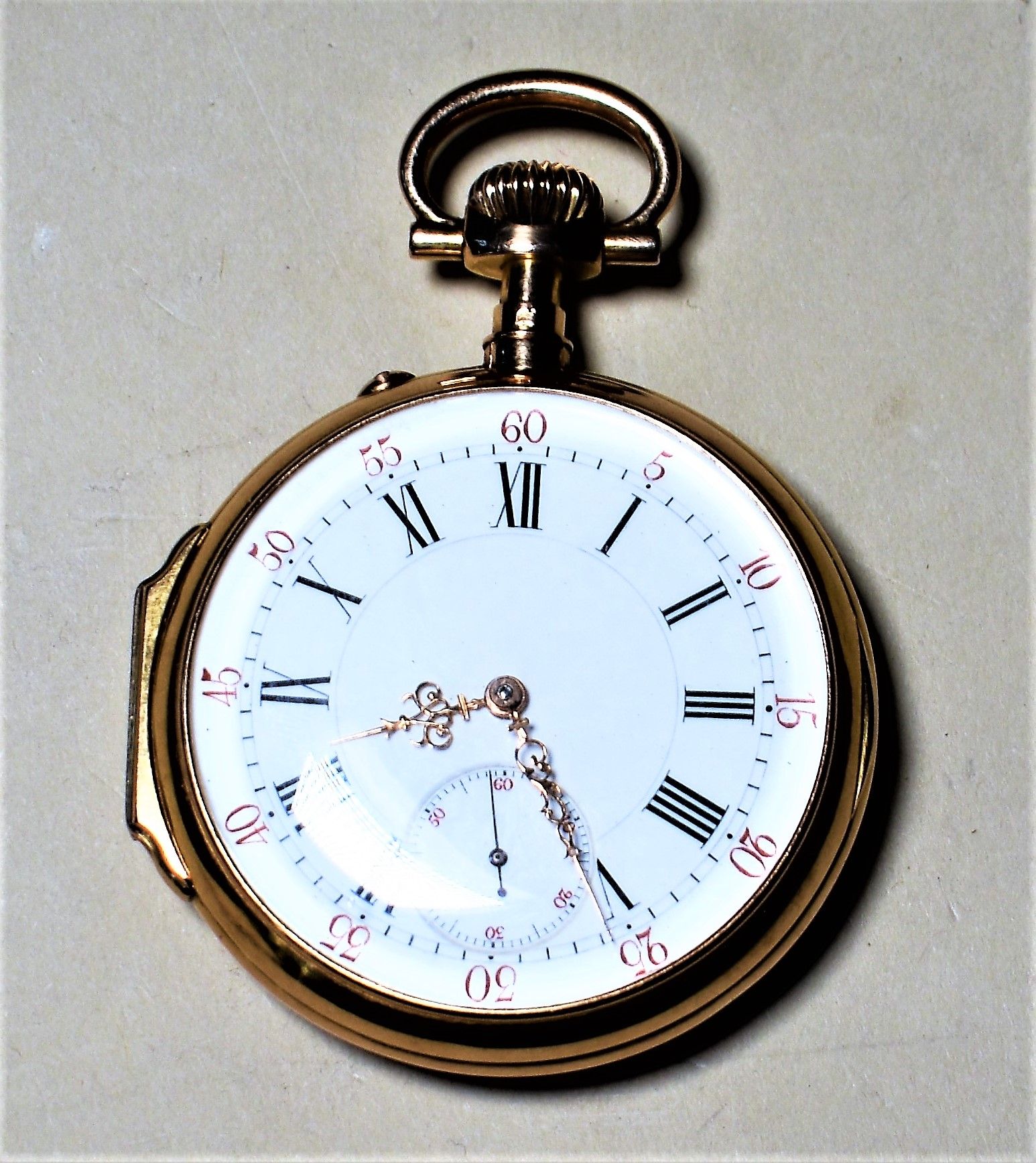 Null Gold gousset watch, enamelled dial, back engraved EG, "Vermorel 30 rue Tait&hellip;