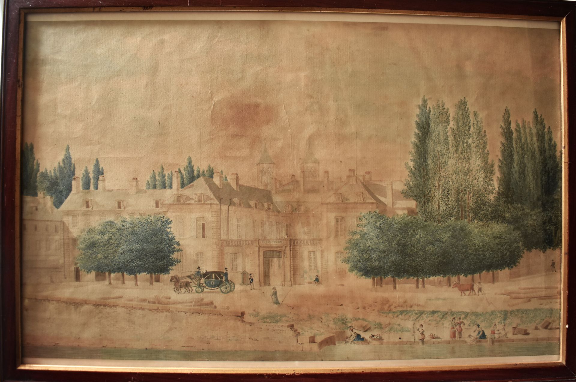 Null 19世纪初的法国学校：乘车抵达县城。水彩画（修复和染色）。高度30 - 宽度49厘米
