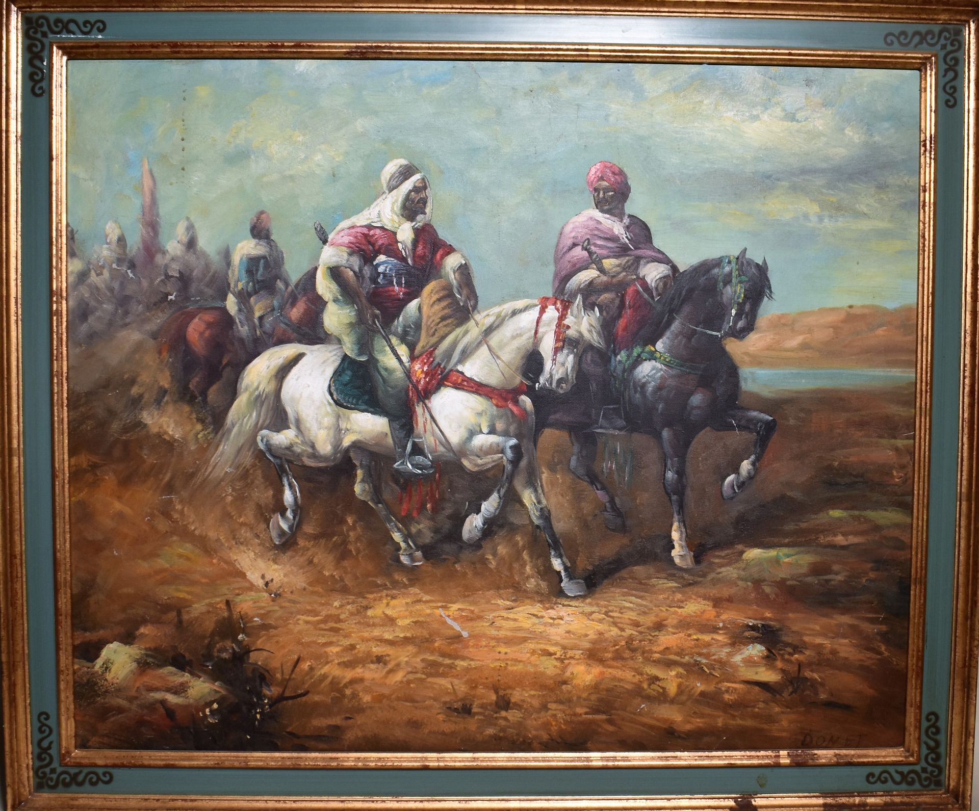 Null 雷诺-多内（二十世纪）：东方骑手。布面油画，右下角有签名。高度48 - 宽度59厘米