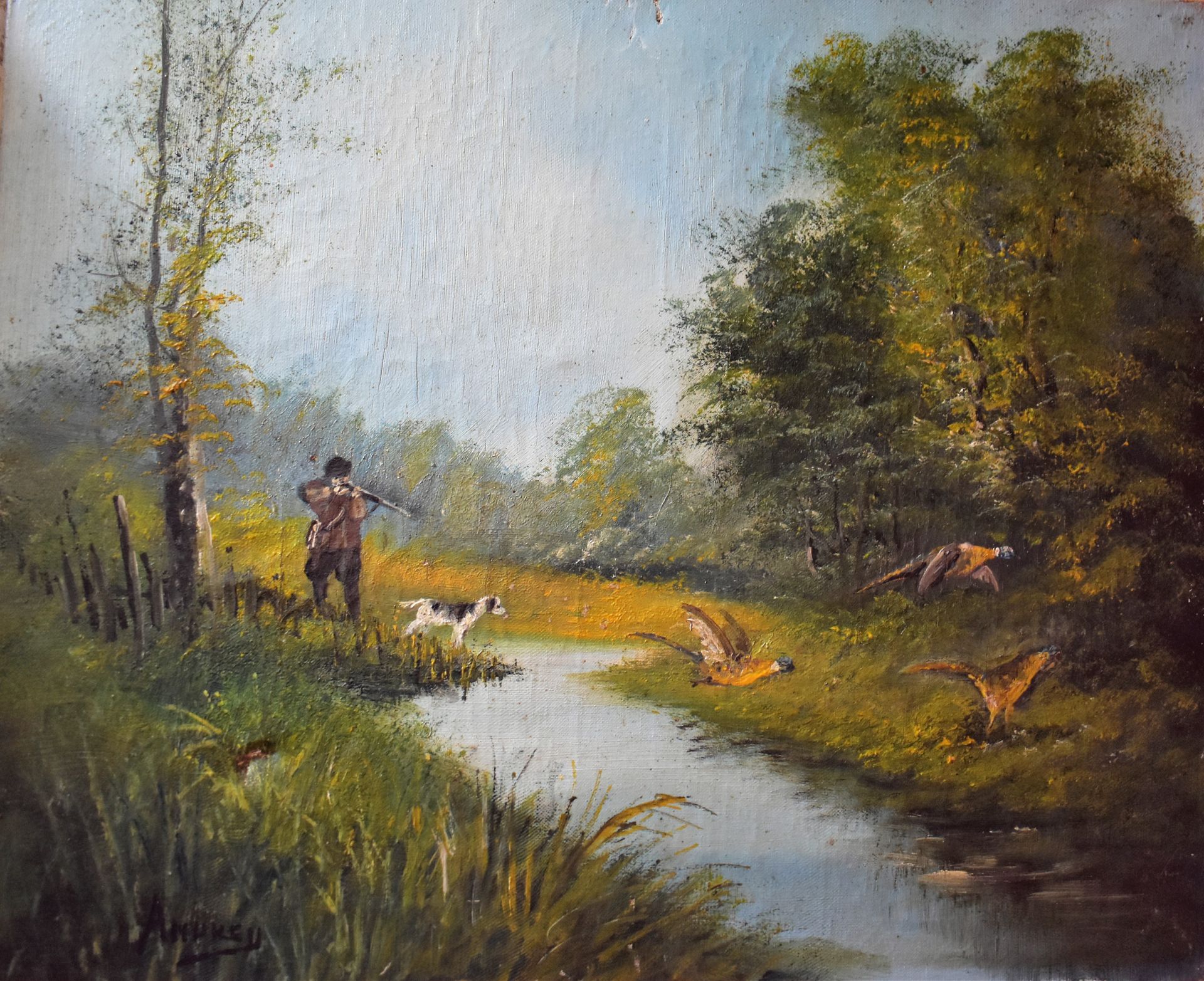 Null Canvas : Pheasant hunting, signed André (scratches). Height 46 - Width 55 c&hellip;