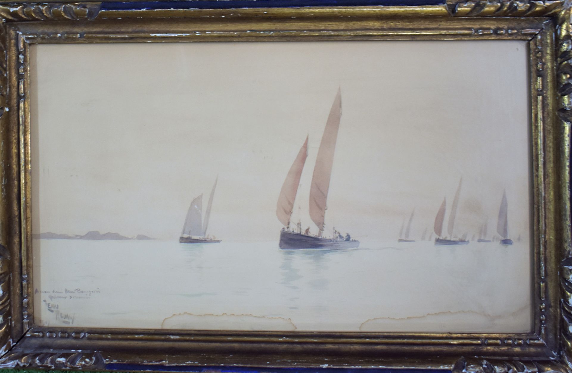 Null Henri ALAUX（20世纪）：帆船。水彩画左下角有签名，日期为1907年，有派送。高度21 - 宽度36厘米

(Mottling)