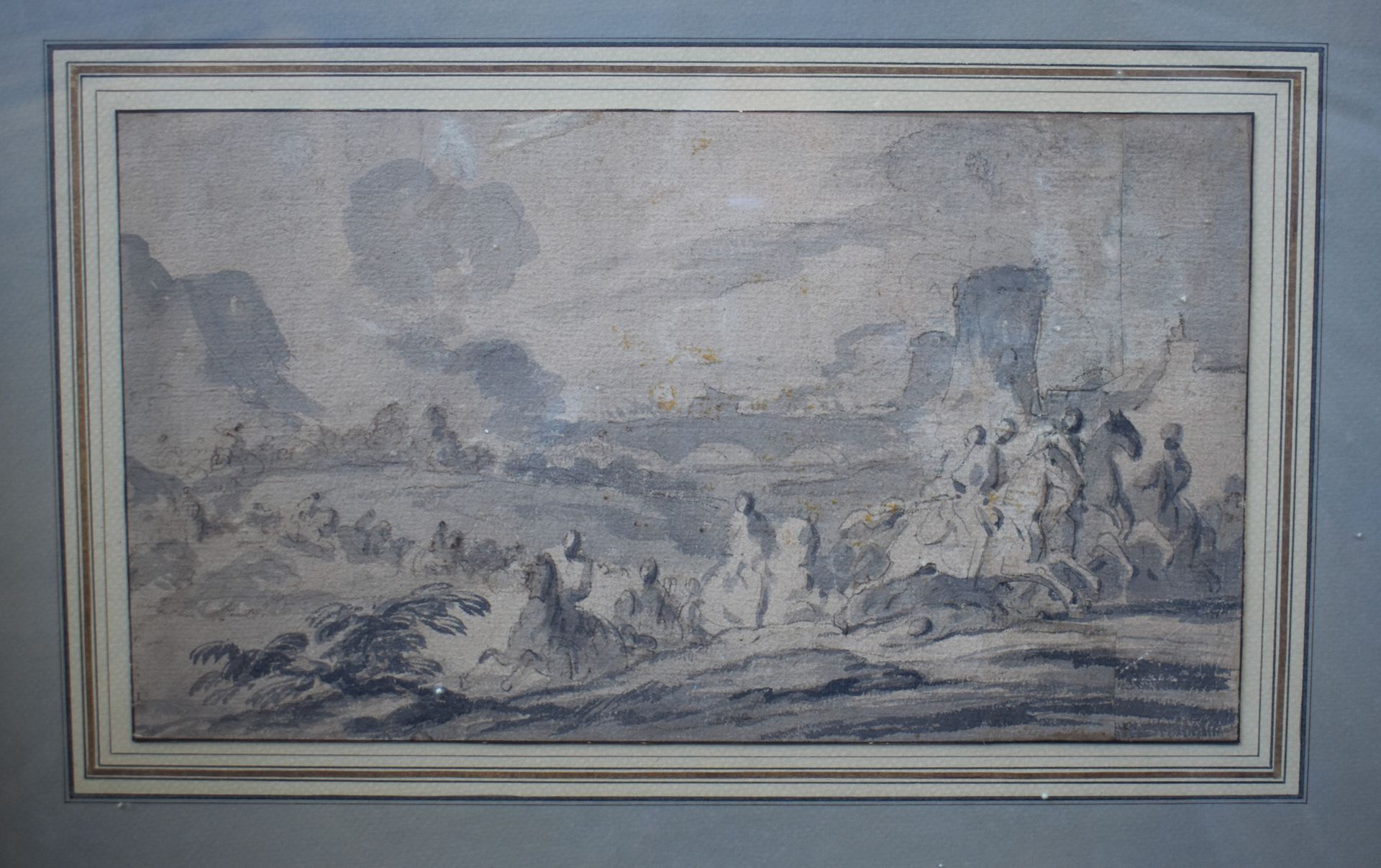 Null ECOLE FRANÇAISE du XVIIIe siècle : Scène de cavalerie. Lavis. Haut. 19 - La&hellip;