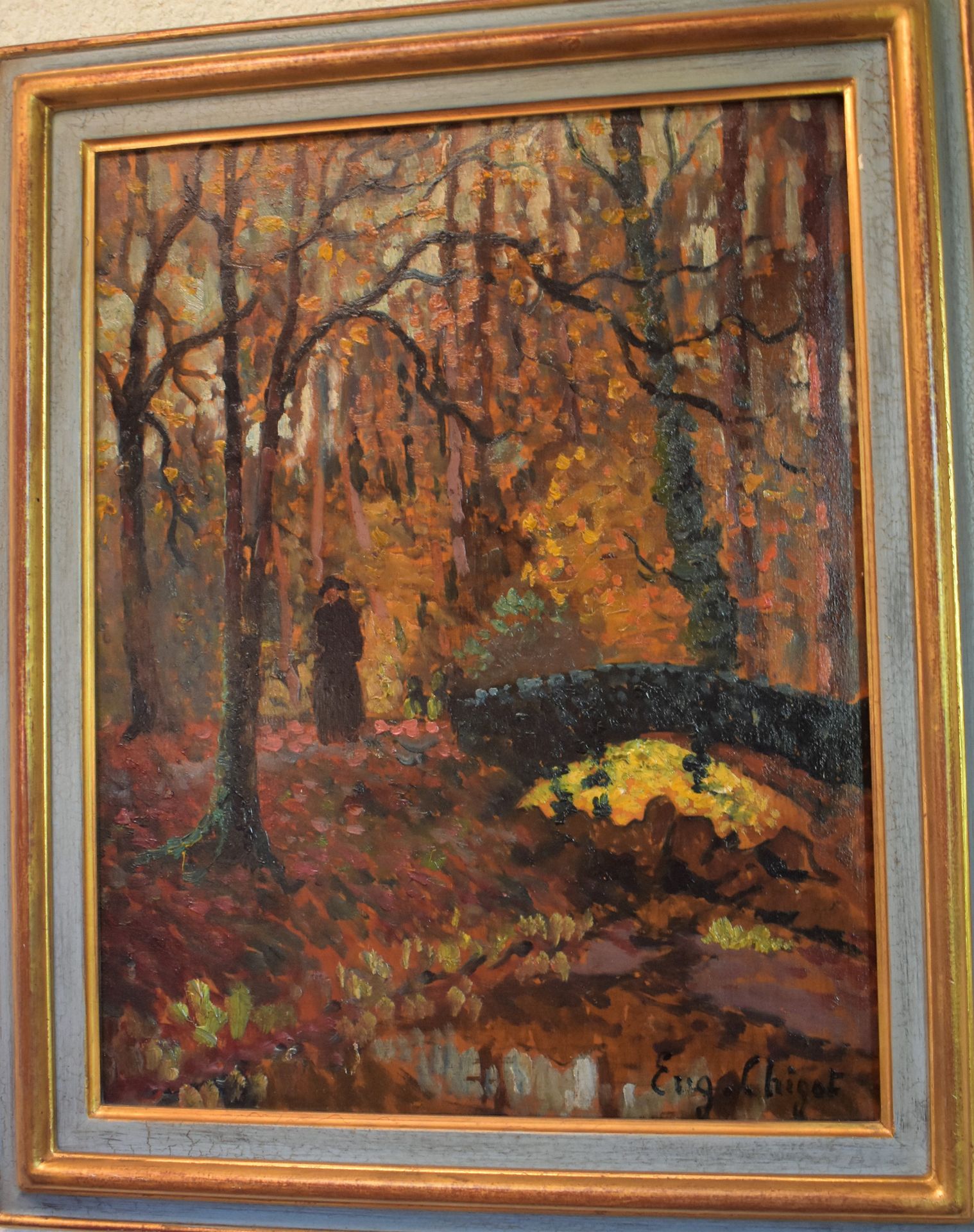 Null Eugène CHIGOT (1860-1923) : Promeneuse dans la forêt. Panneau signé en bas &hellip;