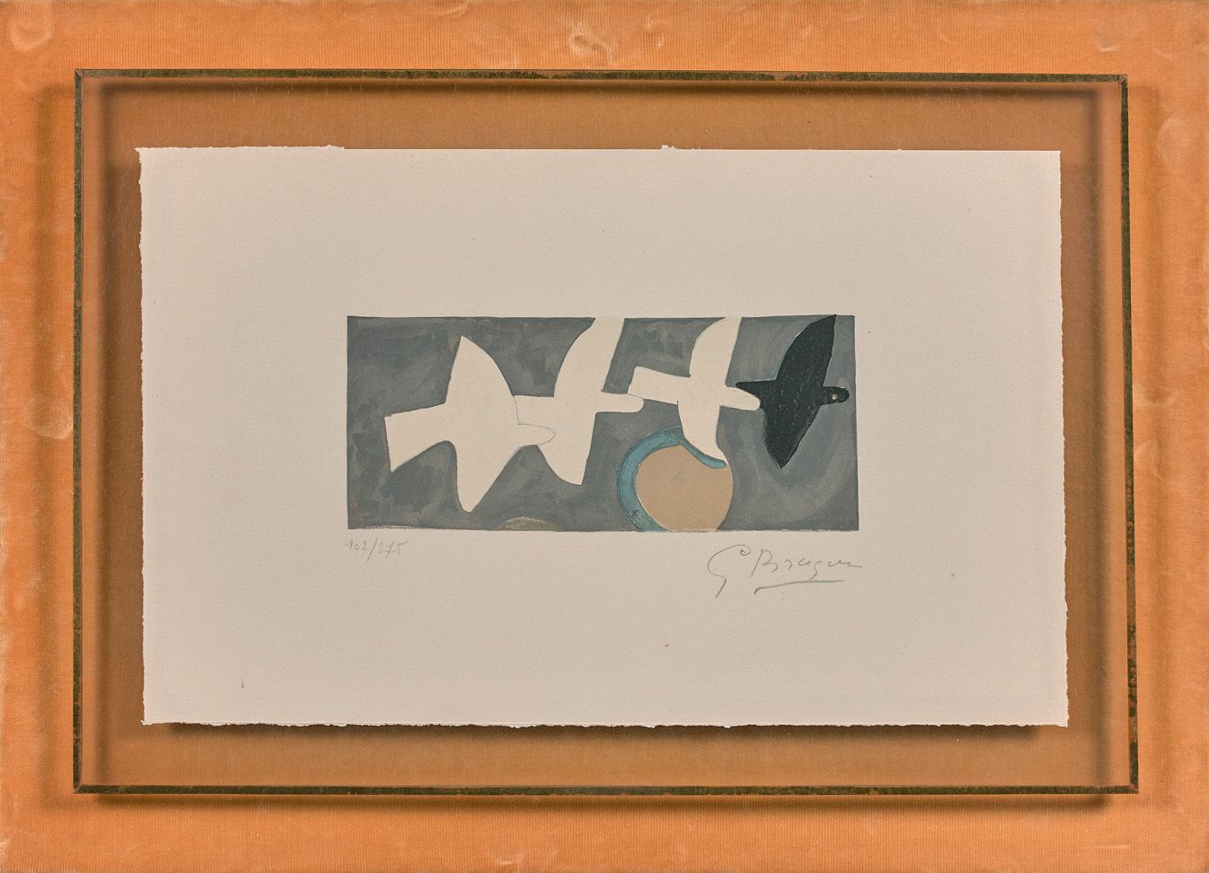 BRAQUE 乔治-布拉克 (1882-1963)

四只鸟

彩色石版画，编号102/275，右下角有签名。约1955年。

高9.5- 宽22.6厘米


&hellip;