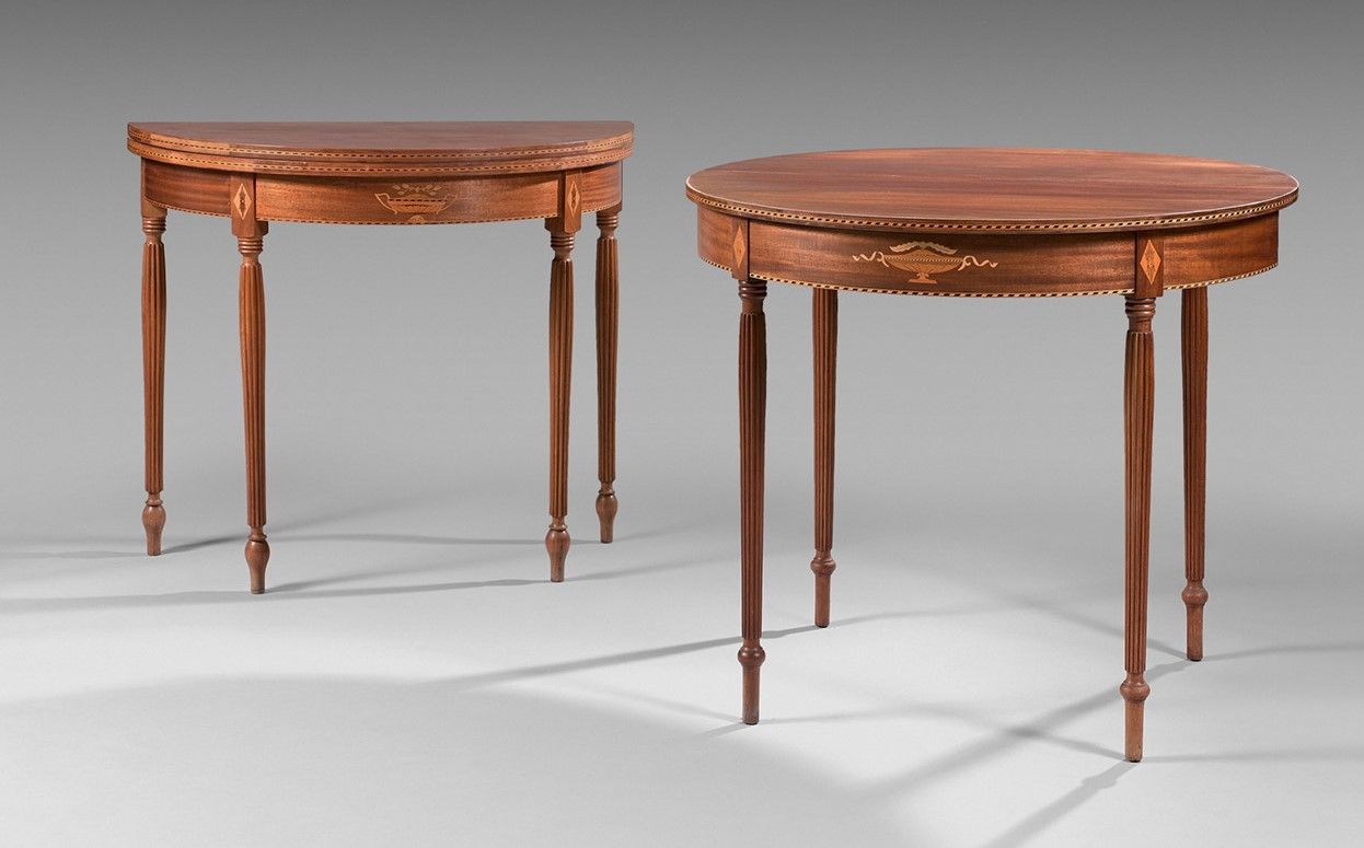 Null PAIR OF ROUND TABLES in half-moon consoles in mahogany veneer with inlaid d&hellip;