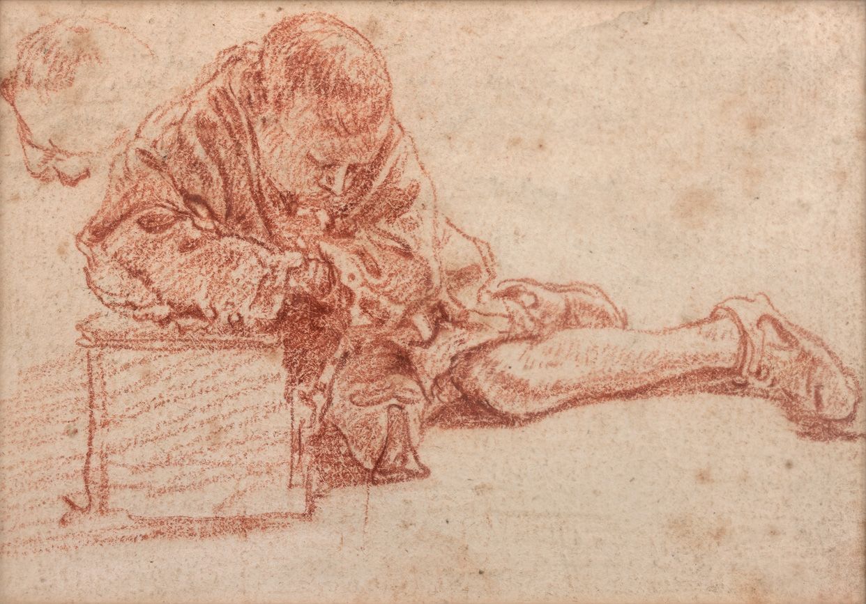 Null 18世纪的法国学校，随行人员

华托的

年轻的萨瓦人靠在他的旱獭箱上

三毛。

高度7 - 宽度10,5厘米

联合作品：《两个卡利亚特》，同框的&hellip;