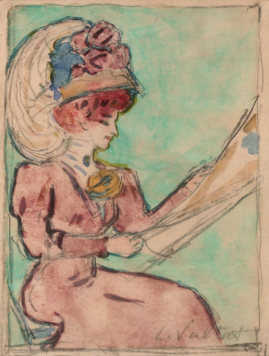Louis VALTAT (1869-1952) 
Elégante au chapeau 
Crayon et aquarelle signé du cach&hellip;