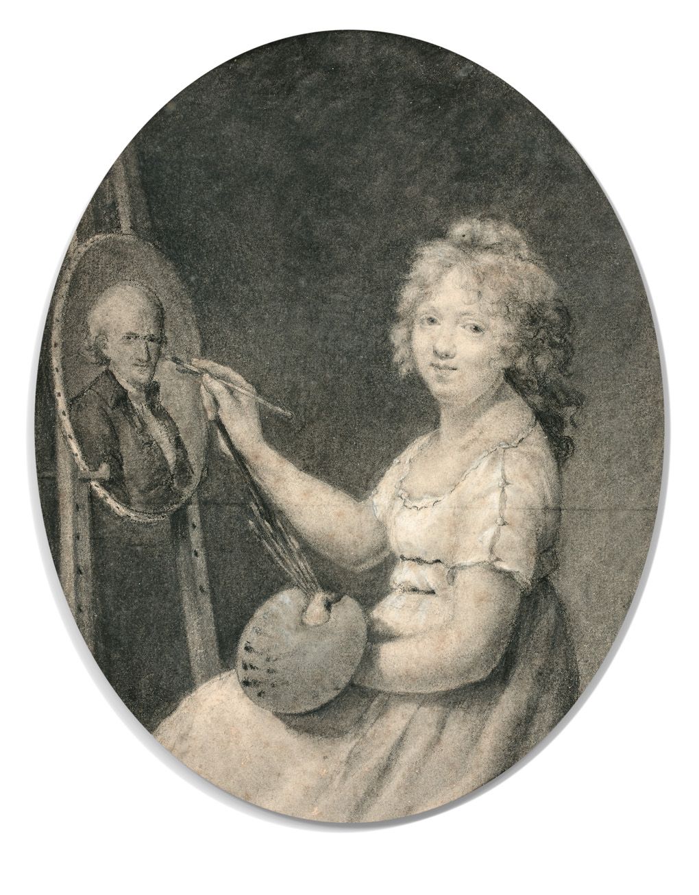 Null 法国学校约1790年

一位年轻艺术家在画架前的画像

坐在风景中的年轻女子的画像

一对用黑色铅笔、粉笔和白色粉笔画的椭圆形画。

高度24 - 宽&hellip;