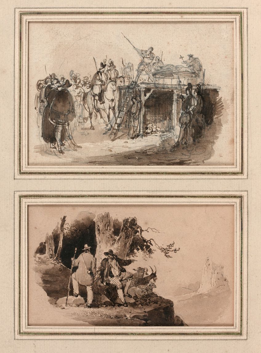 Null 19世纪的法国学校：车轮的折磨--婴儿车和牧羊人。同一画框中的两幅黑色水墨画。每个：高8 - 宽11厘米