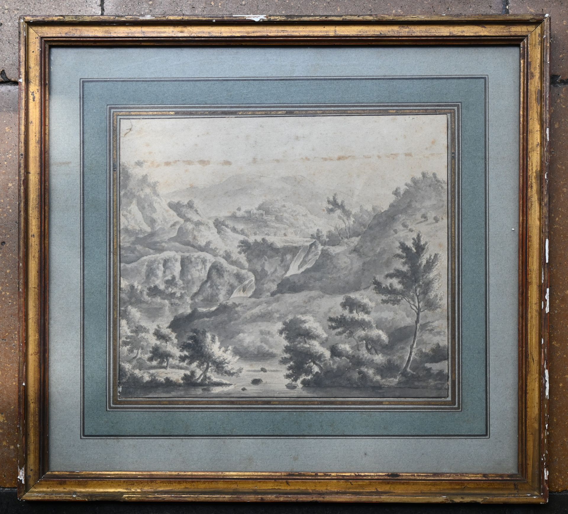 Null 19世纪意大利学校：风景，山上的河流。绘画和水洗的亮点。高度20,5 - 宽度24厘米