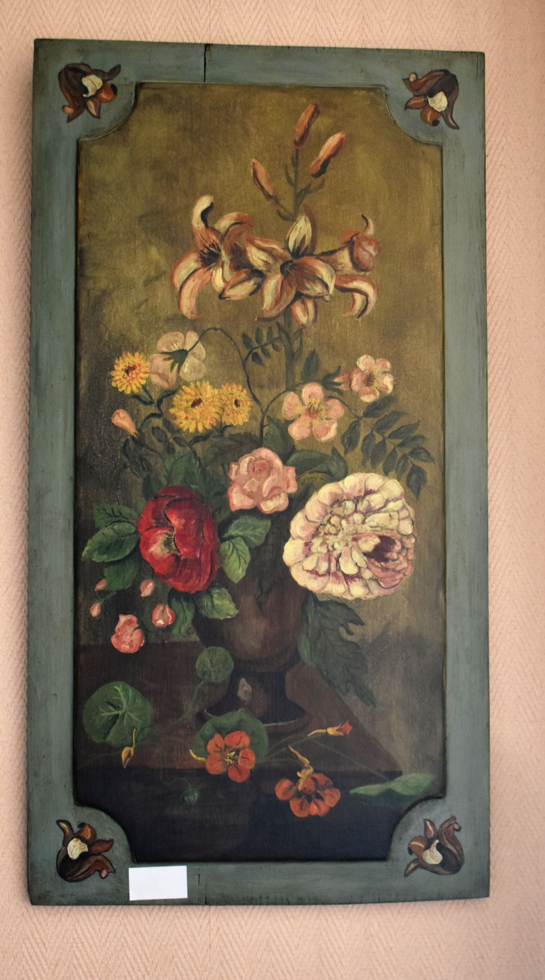 Null Pittura decorativa su tavola: Fiori. Altezza 58 - Larghezza 31 cm