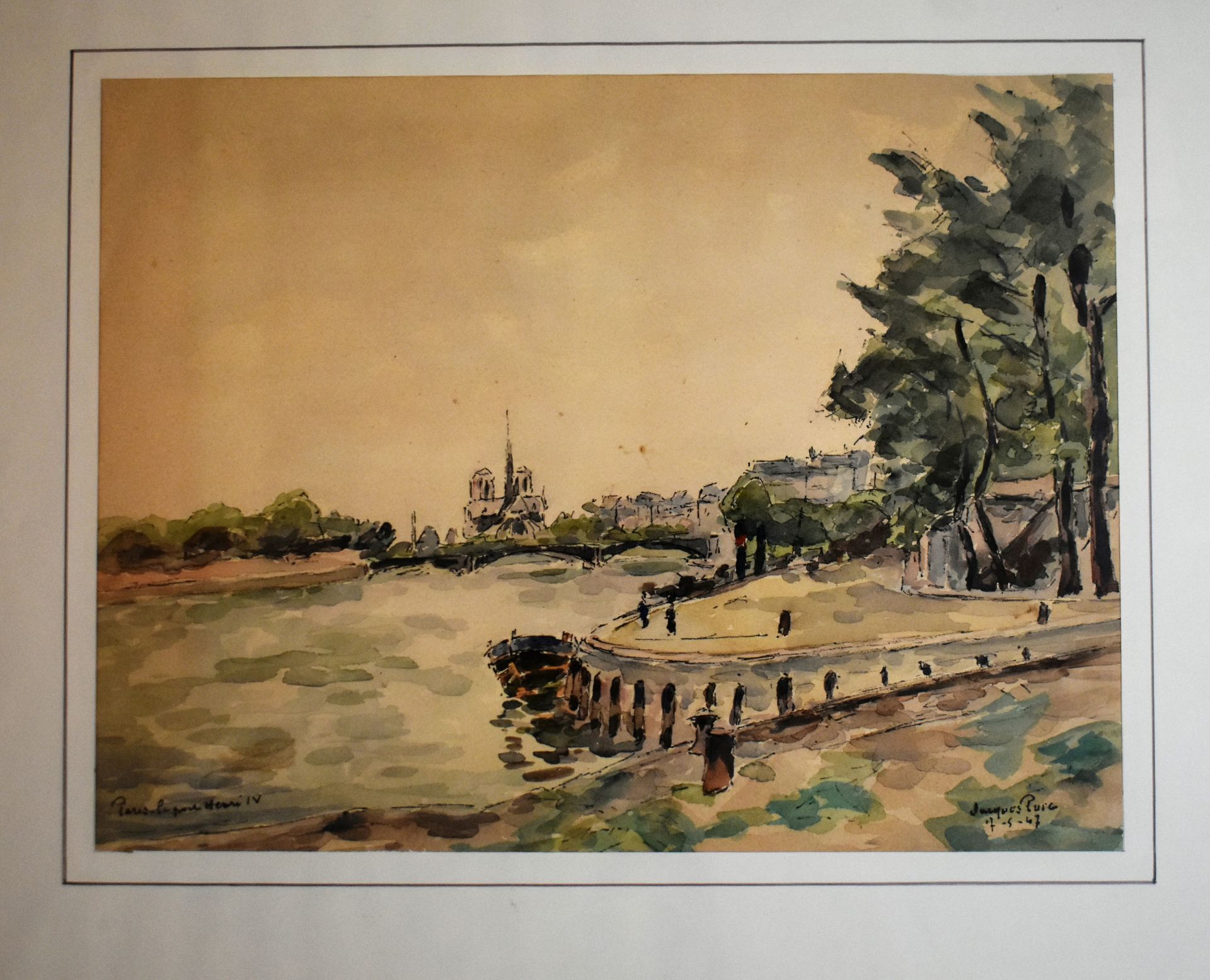 Null Jacques PUIG（20世纪）。巴黎的风景。三幅水彩画，签名和日期为1943年或1947年。高度24 - 宽度31厘米