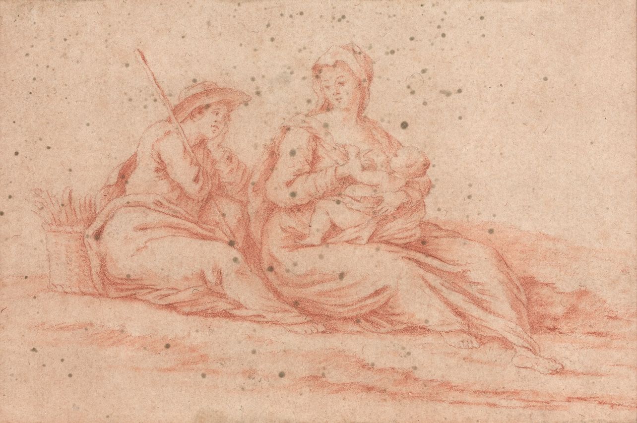Null 18世纪法国学校：夫妇和孩子。用红色粉笔画画（点状）。高11 - 宽17厘米
