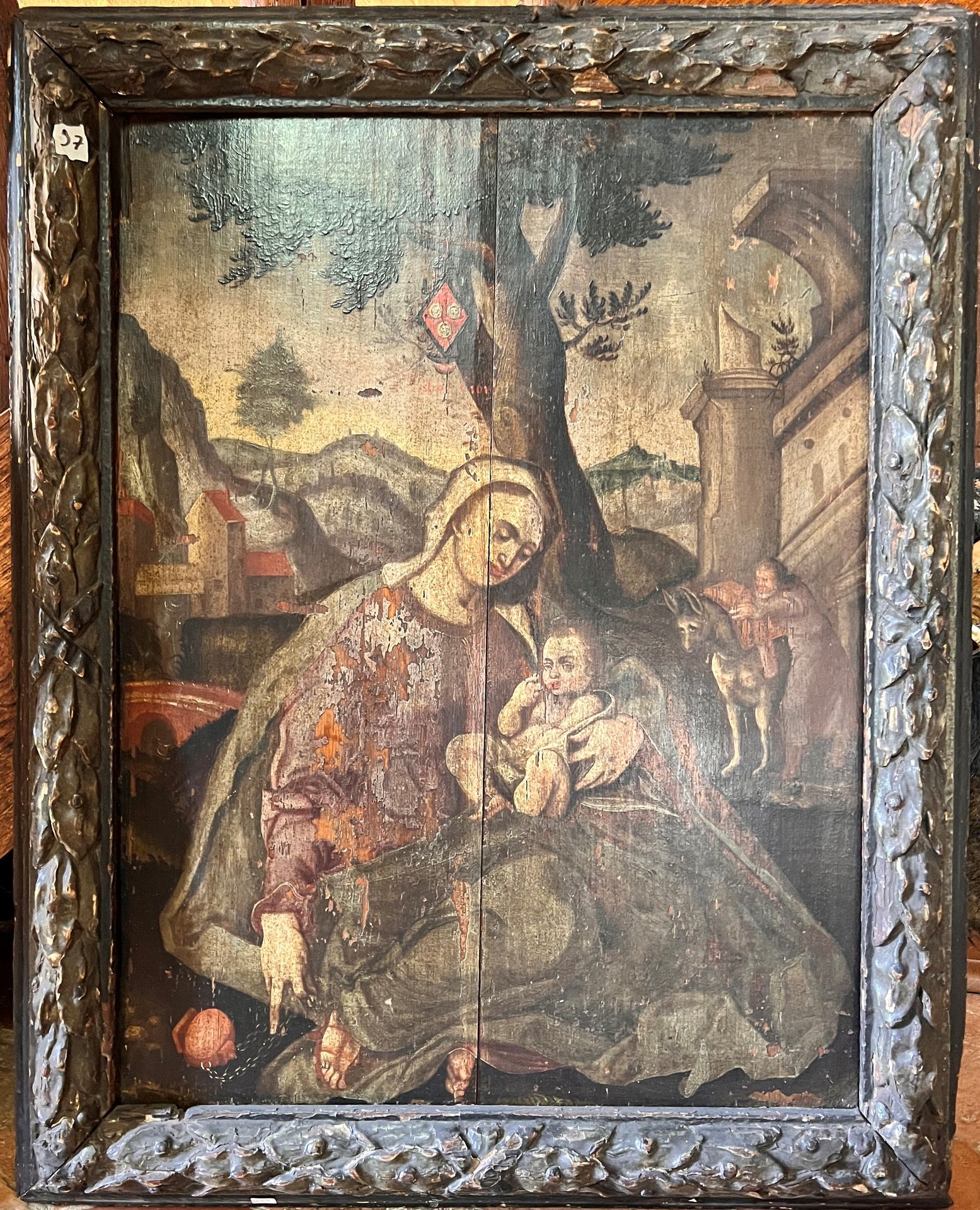 Null 16世纪品味的法国学校：圣母与儿童。油画在面板上（两块板）。高74 - 宽57厘米。框架上有月桂树楣。