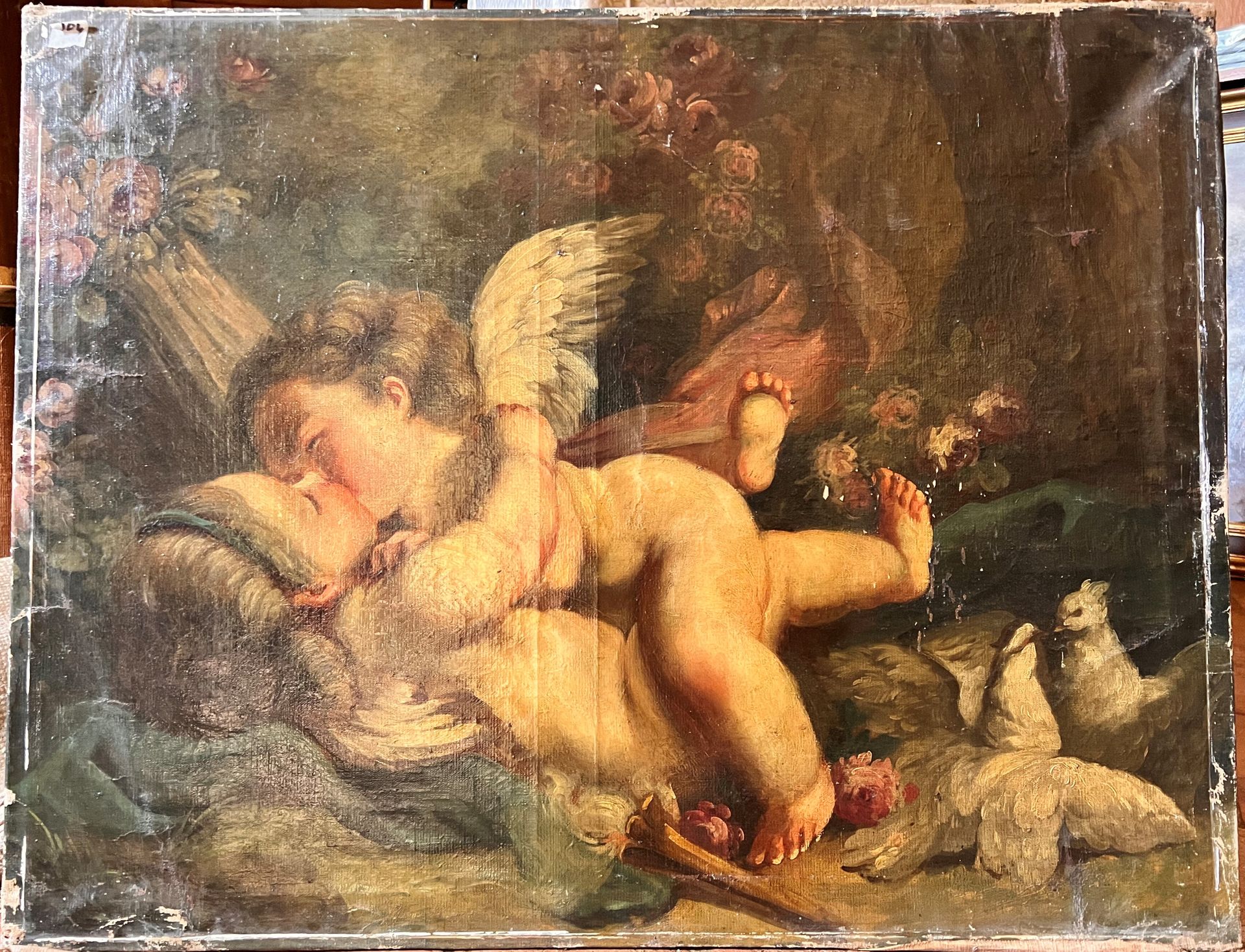 Null TWO DOORBELTS on canvas representing putti kissing. Height 63 - Width 81 cm