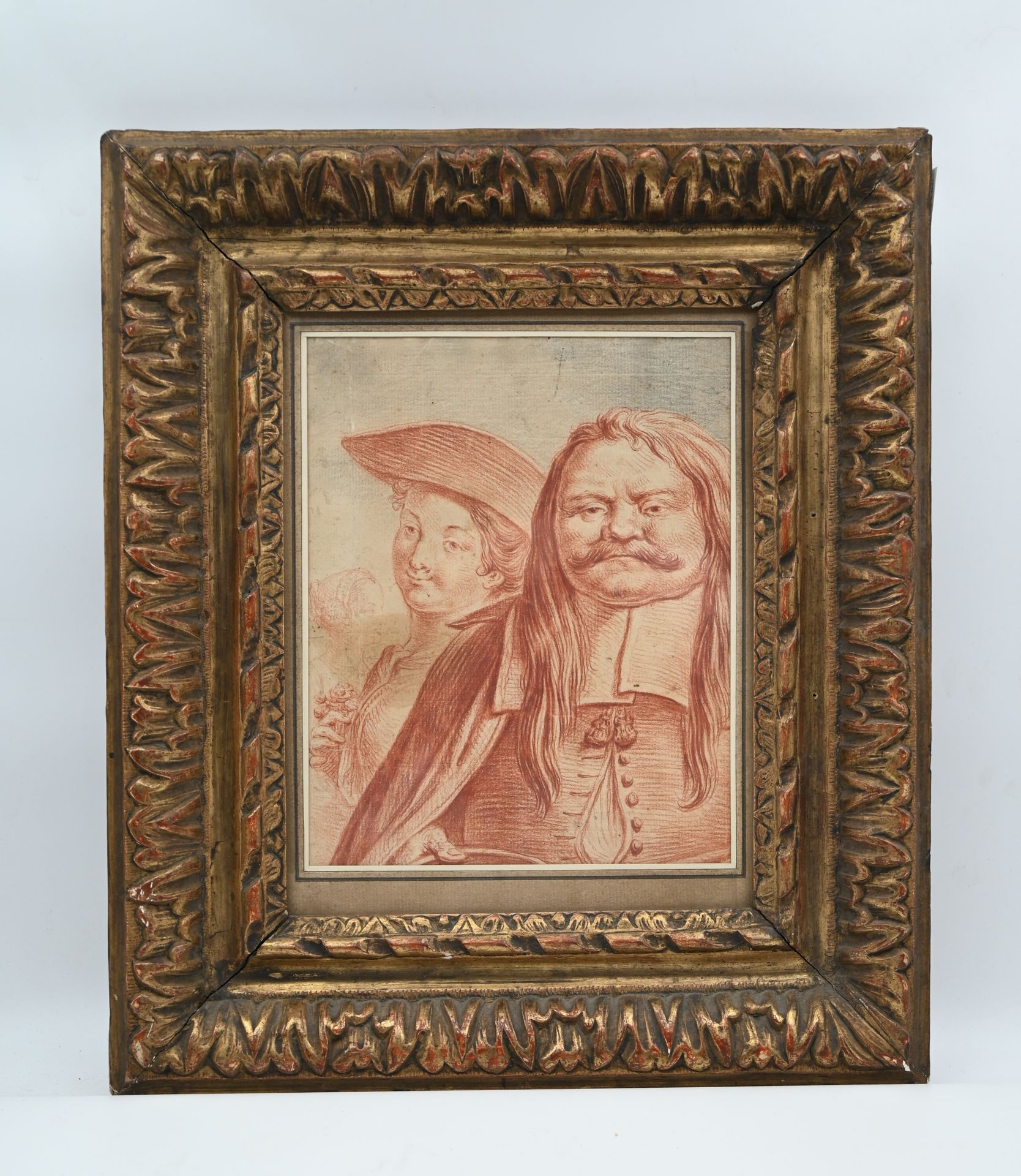 Null 17世纪品味的法国学校：一对夫妇的画像。三毛。高度21.5 - 宽度17.5厘米

仿古鎏金框架。