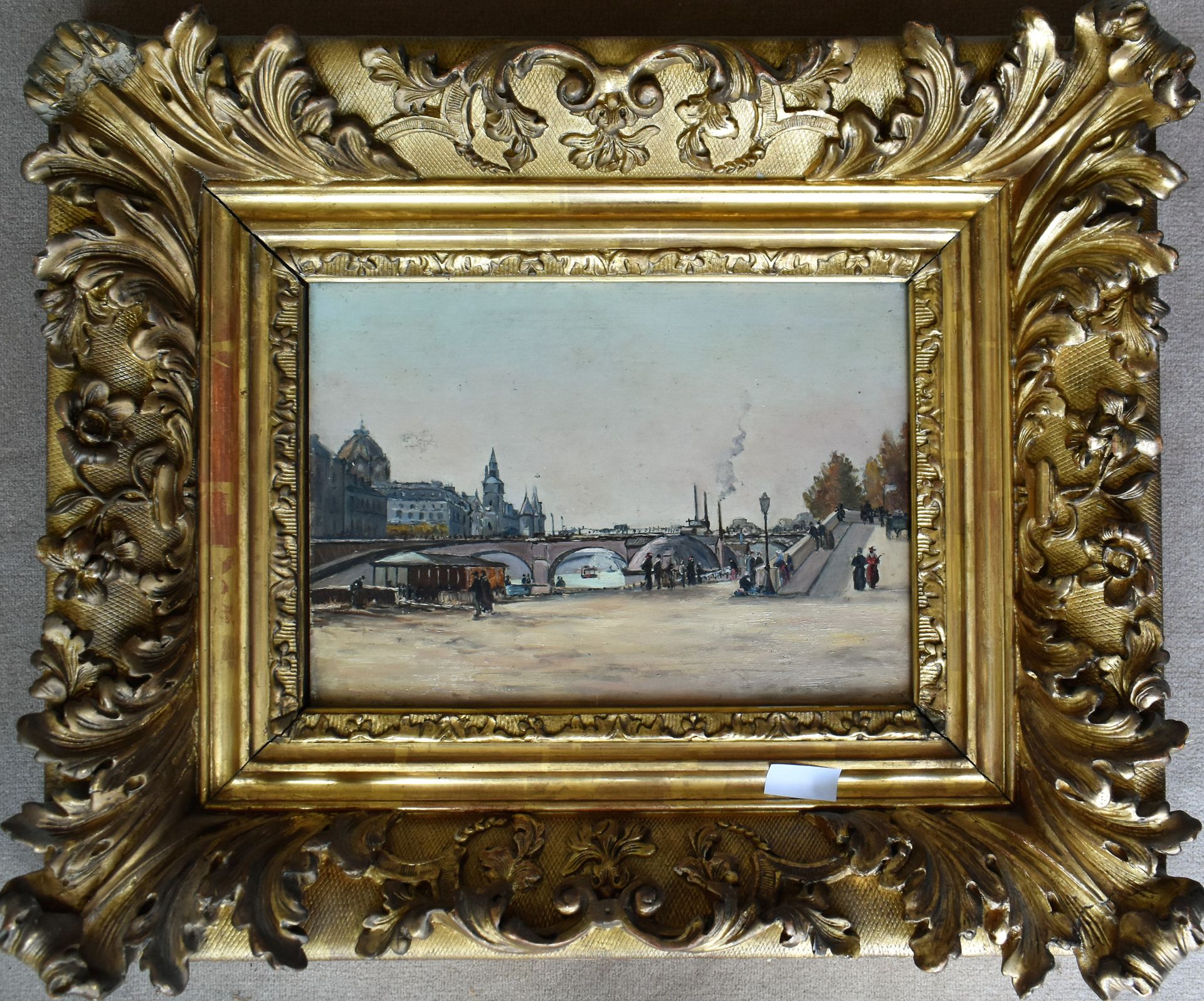 Null 法国学校：巴黎，码头。板上油彩。高23 - 宽33厘米。镀金灰泥框架。