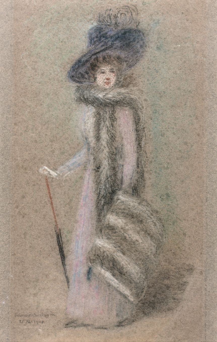 Null 雷蒙-约瑟夫-福尔尼耶-萨洛维兹（1836-1916）。戴着面纱和羽毛帽的优雅女子。粉彩画左下方有签名，日期为2月15日。1910.画框背面有注释："&hellip;