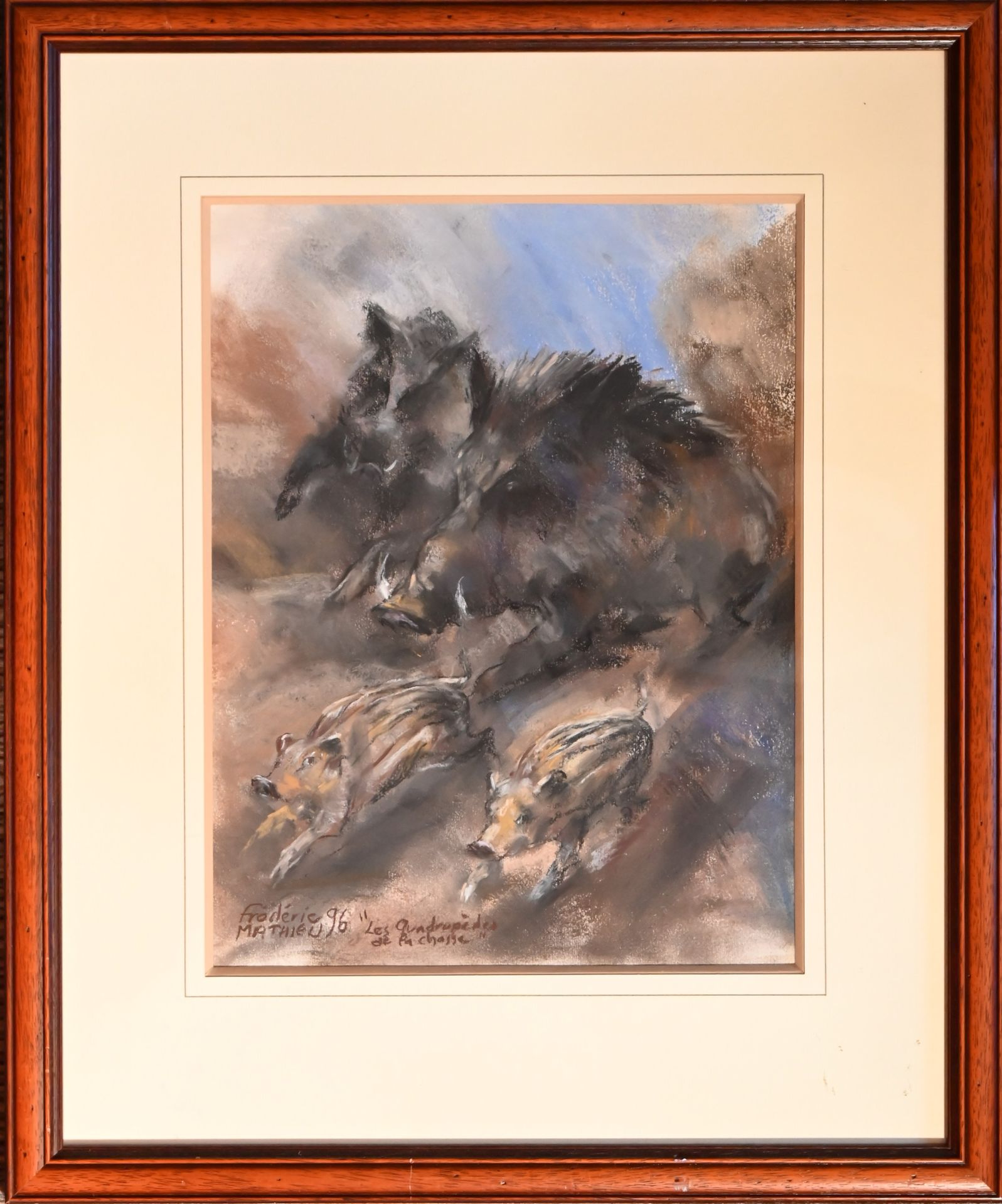 Null Frédéric MATHIEU (1955):狩猎的四足动物。粉彩画左下方有签名、标题和日期[19]96。高度40 - 宽度30厘米

附：带有池塘&hellip;