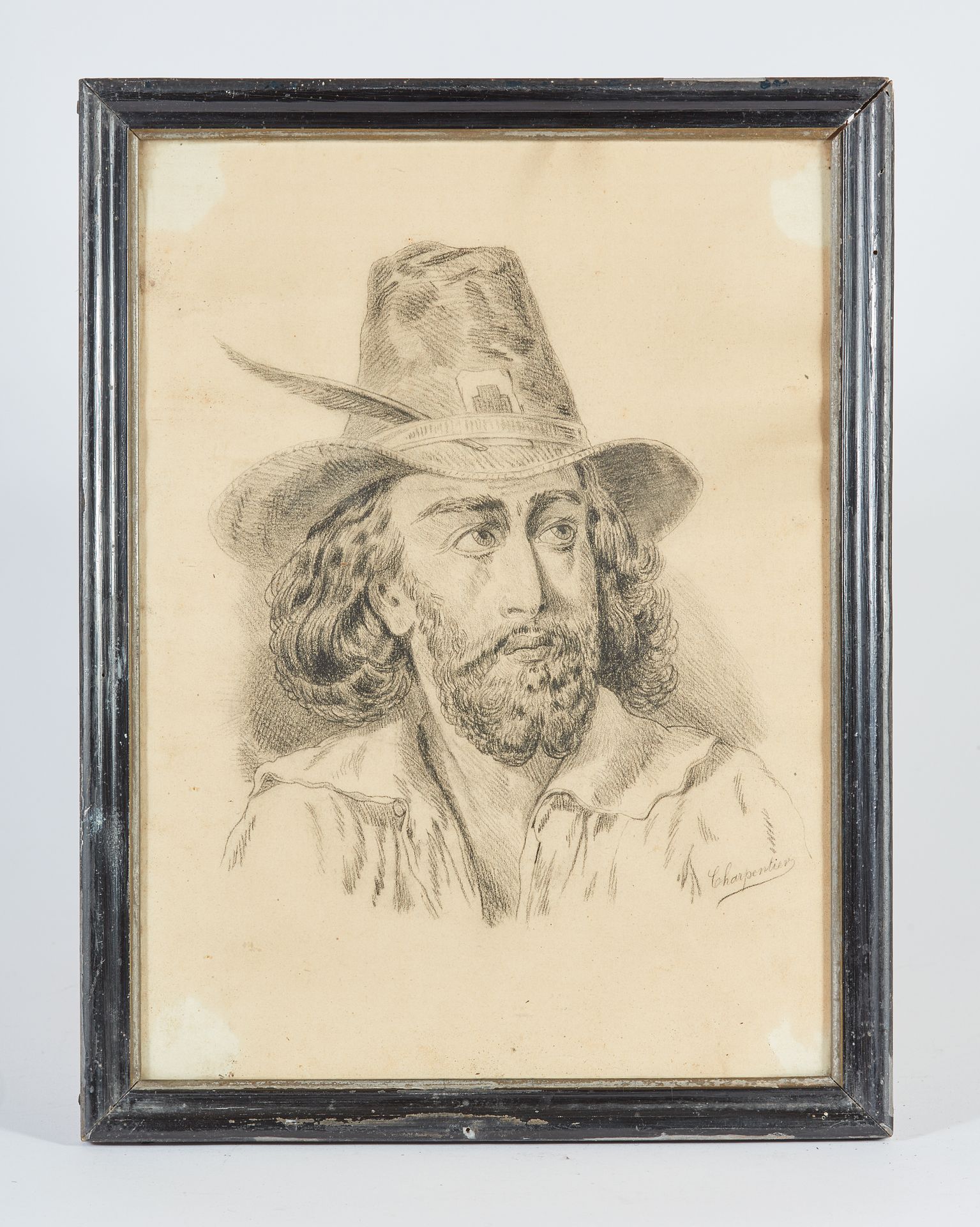 Null ECOLE FRANÇAISE du XIXe siècle : Homme au chapeau. Dessin au crayon signé C&hellip;