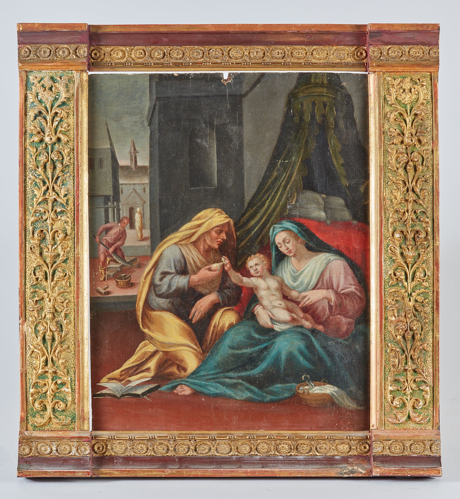 Null 圣母、圣安妮和儿童耶稣。小组。高33 - 宽25厘米。文艺复兴风格的镀金框架。