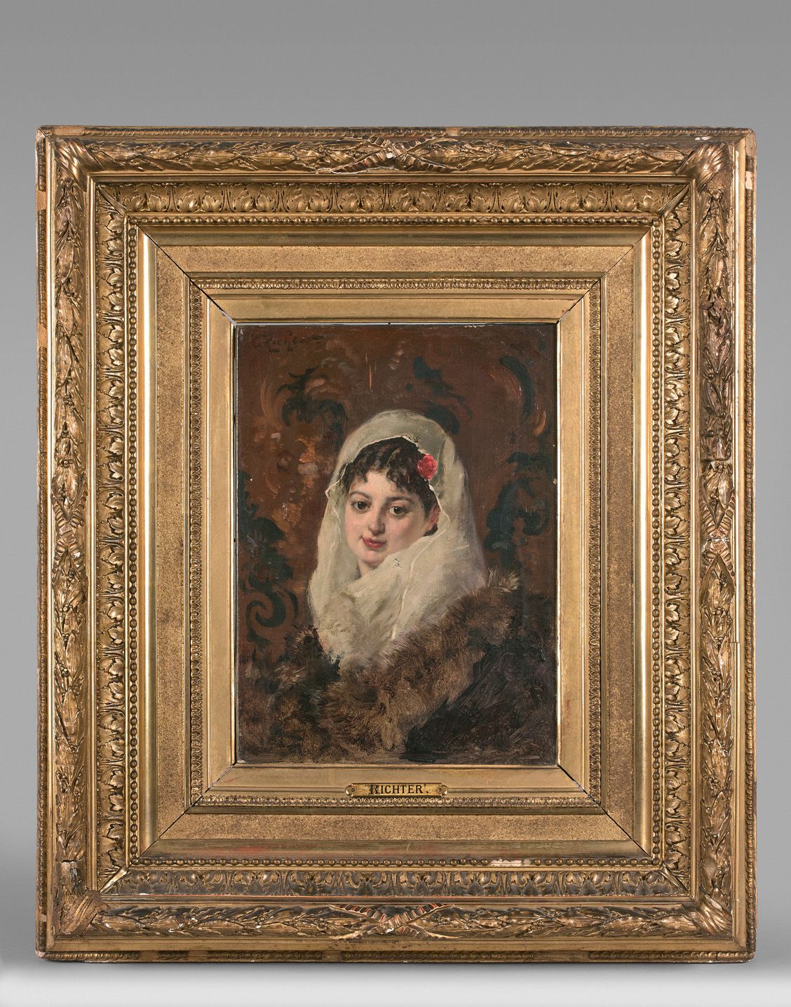 Null 爱德华-弗雷德里克-威廉-里希特（1844-1913）:一个女人的画像。帆布左上方有签名。高度30 - 宽度21厘米
