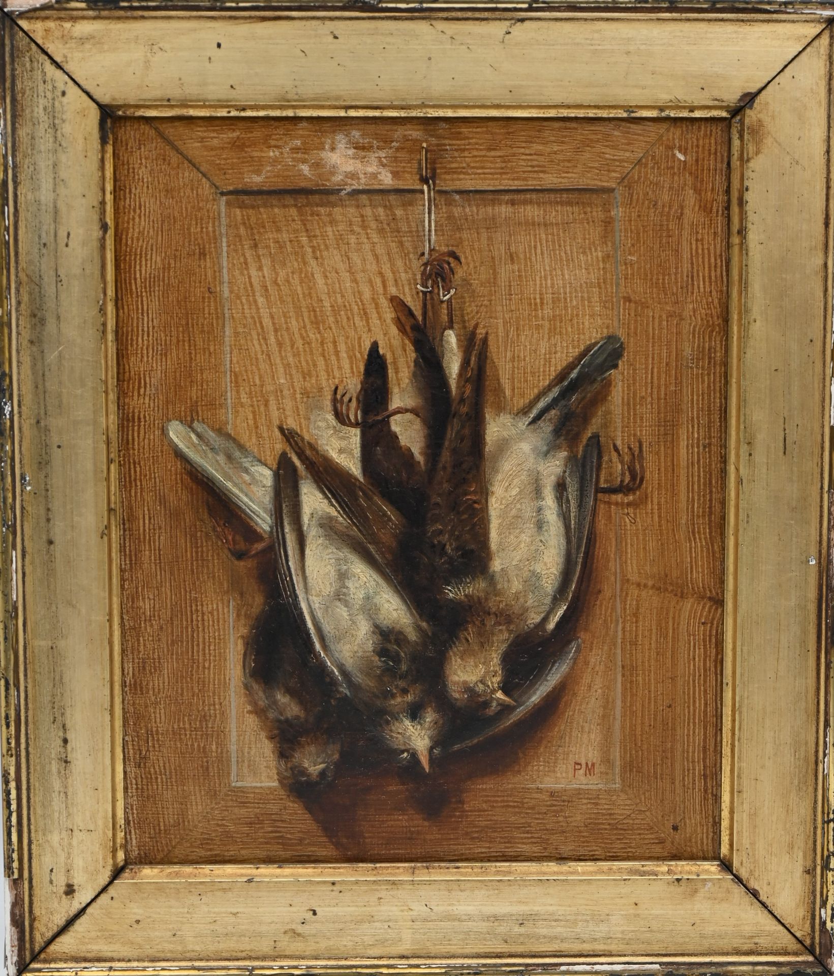 Null 19世纪的法国学校：带鸟的战利品。两幅作品，一幅画布上有PM的字样，一幅纸板上有E.GAUDIN的签名和1880年的日期（小事故和缺失）。高度34.5&hellip;