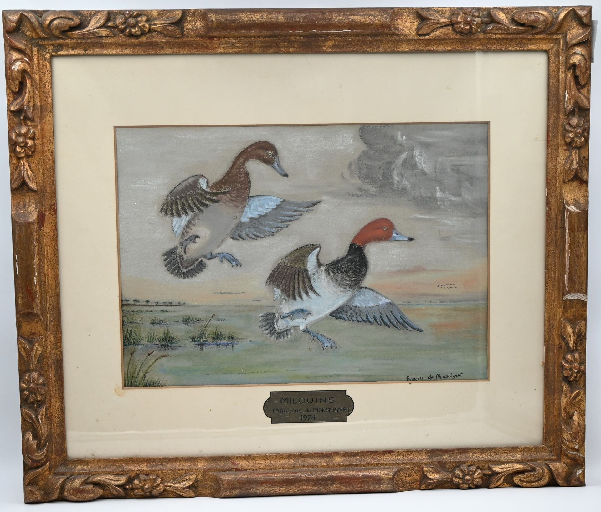 Null 弗朗索瓦-德-蒙塞纳（二十世纪）：米卢因的鸭子。粉彩画，右下角有签名，标题为 "1974年"。高度24 - 宽度34厘米
