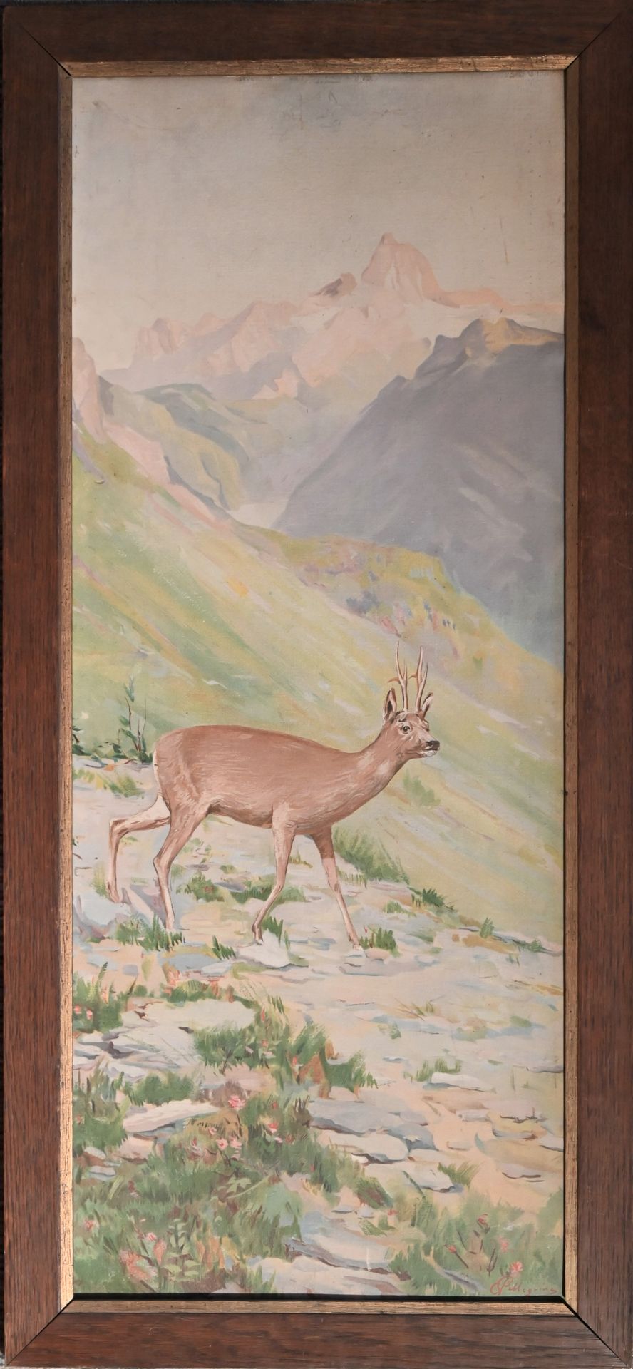 Null 归属于Carlo PELLEGRINI (1866-1937)的作品：山中的鹿。纸板右下方有签名。高度87 - 宽度35厘米