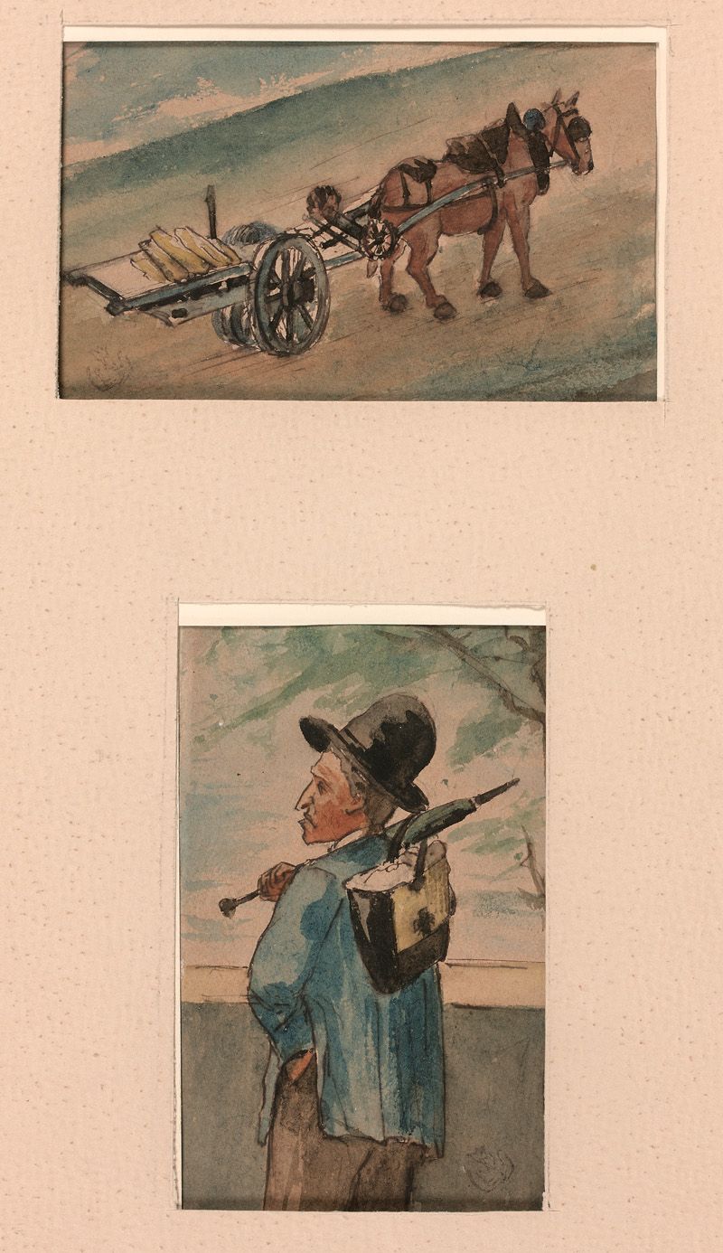 Null 约1900年的法国学校，归属于克劳德-埃米尔-舒芬克（1851-1934）。马车 - 穿着蓝色大衣的男子。同一画框中的两幅水彩画。左下方或右下方有邮票&hellip;