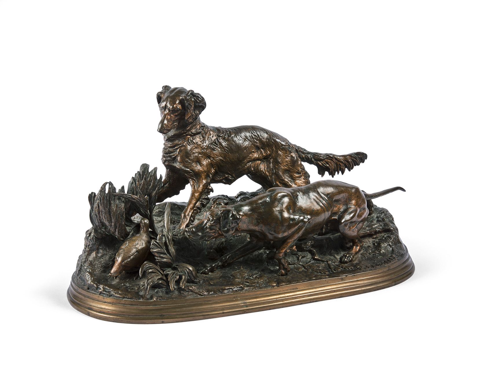 Null 皮埃尔-朱尔-梅内（1810-1879）。两只狗在一只鹧鸪面前。有棕色和金色铜锈的青铜证明。高21 - 宽42 - 深23厘米