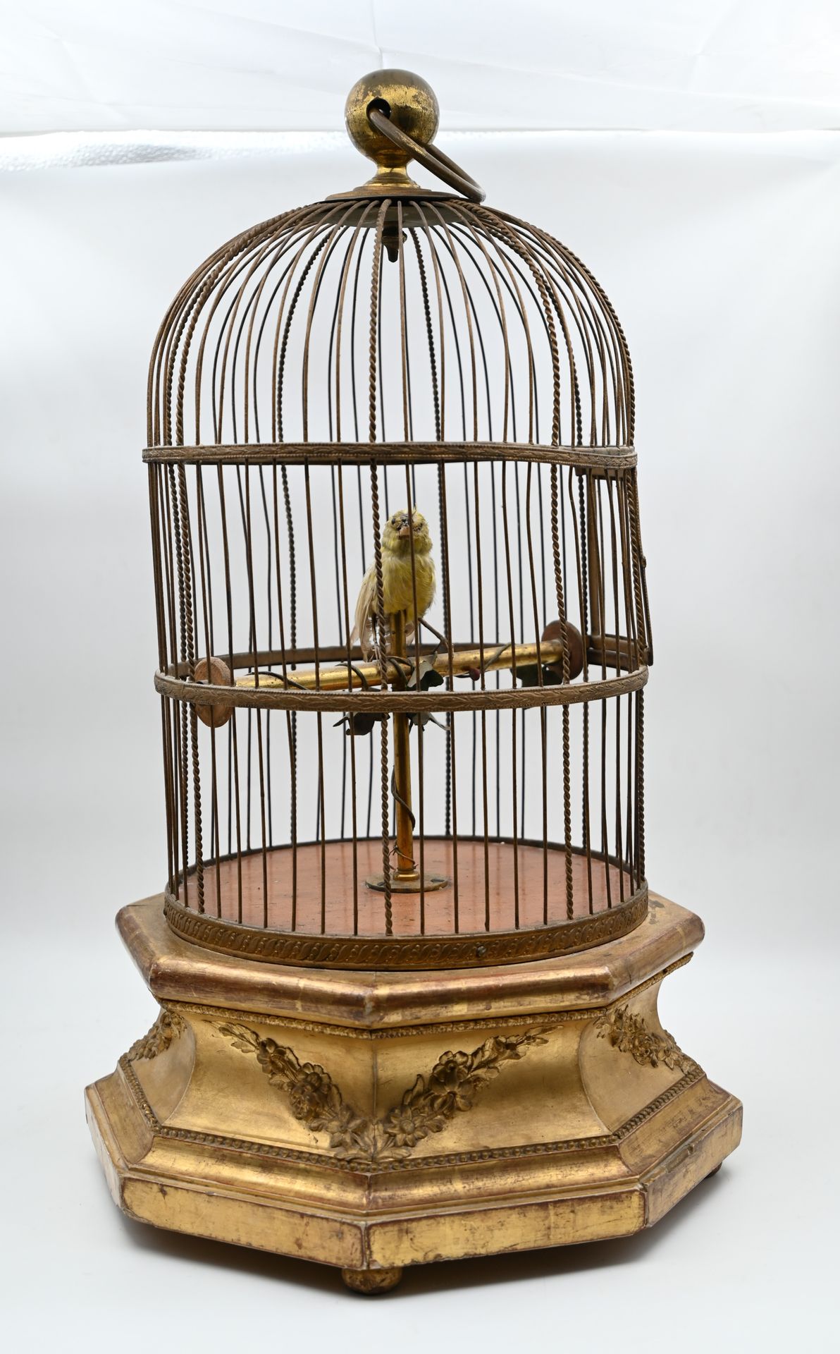 Null 鎏金的金属和粉刷的木质鸟笼，里面栖息着一只转头的口哨鸟，底座呈现出花环的装饰；在背面，有一块牌子："Maison des enfants / Joue&hellip;