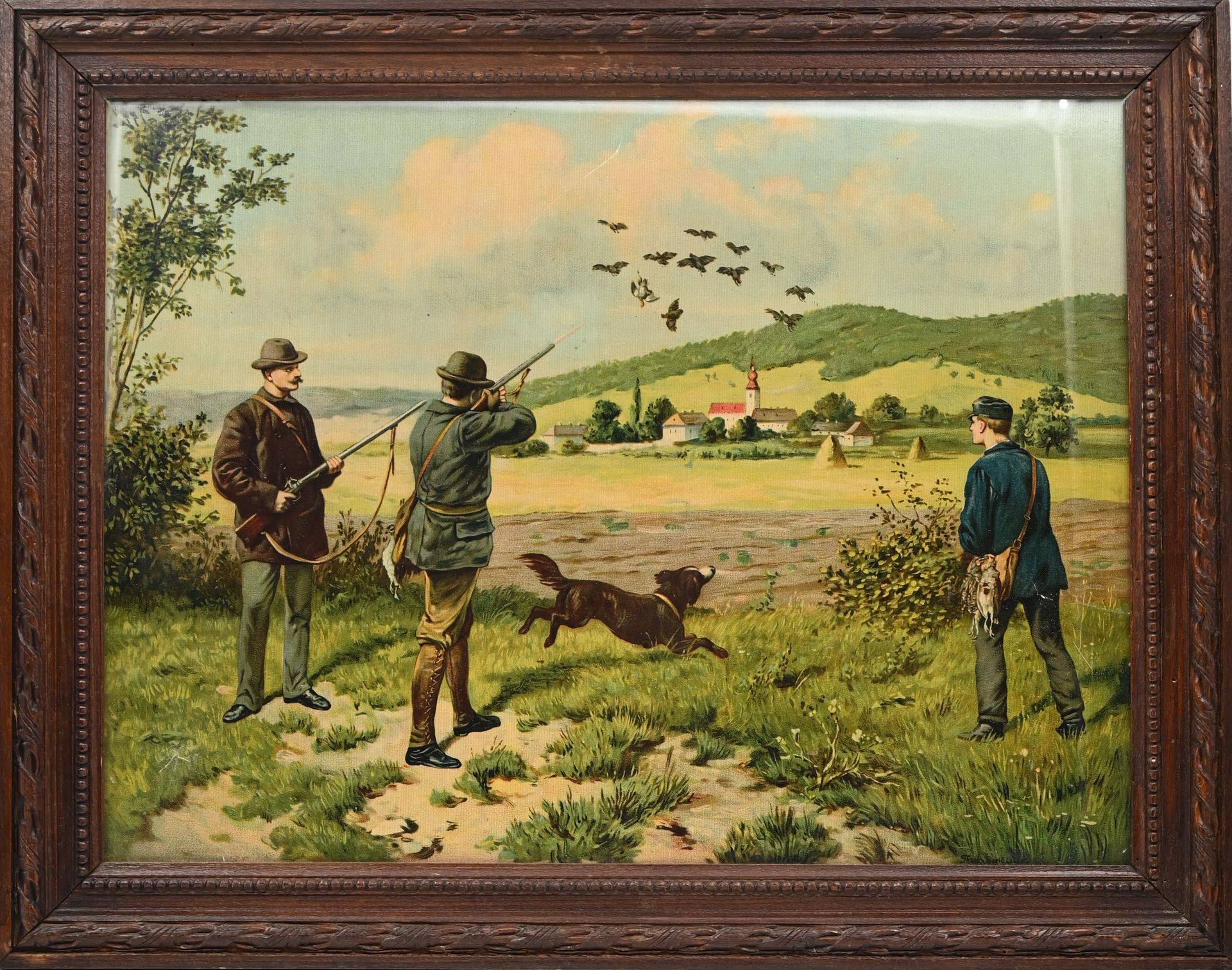 Null 四幅立体画：猎杀鹧鸪--猎杀鸭子--猎杀野兔--猎杀雄鹿，战利品。木制或镀金的框架。高度31-宽度41厘米，高度38-宽度50厘米