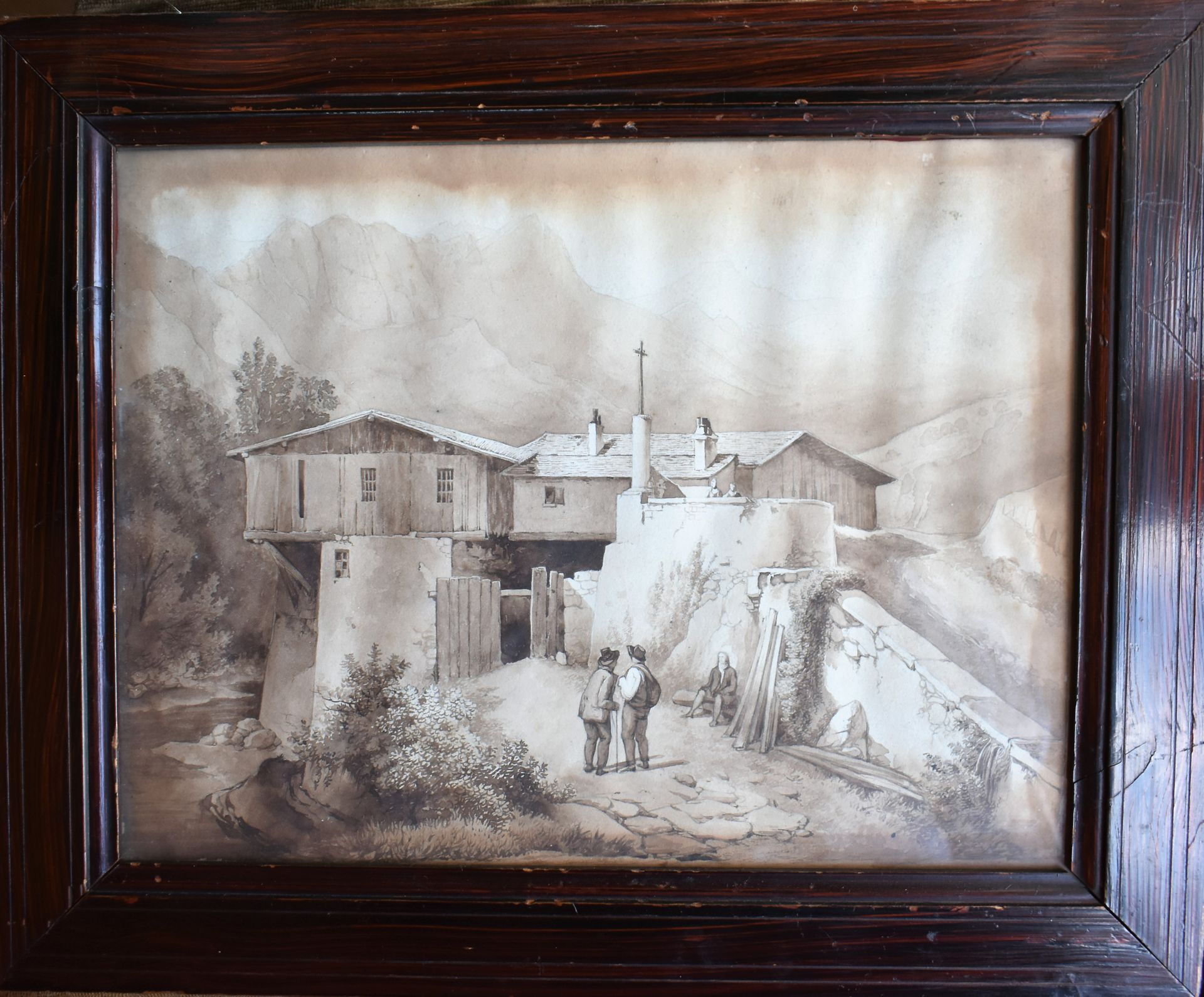 Null 19世纪意大利学校：有三个人物的风景。钢笔和水墨。仿红木的油漆木框。高度22 - 宽度29厘米