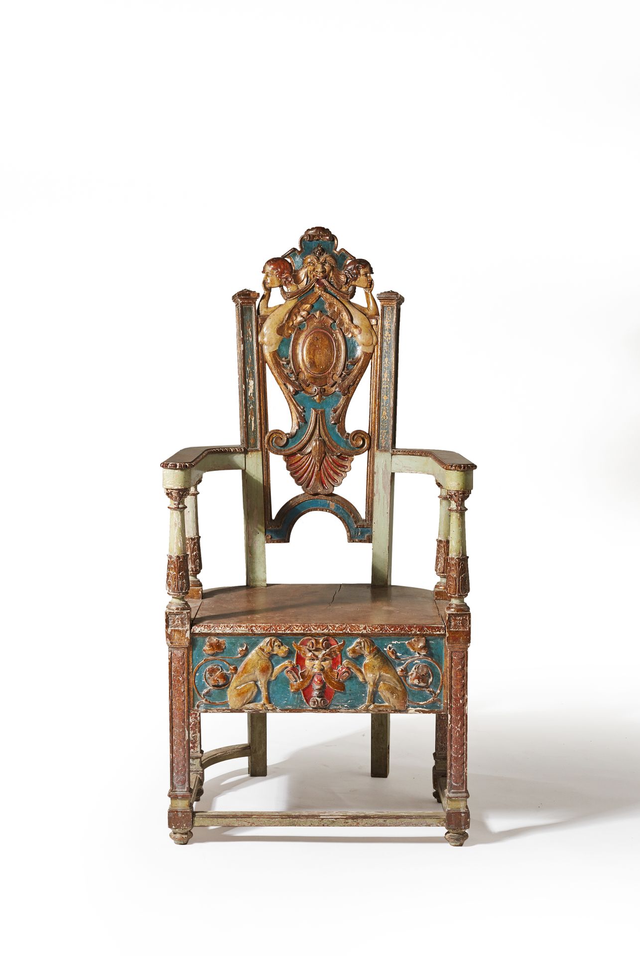 Null Armchair in molded wood, carved, polychromed and gilded, the curved back de&hellip;