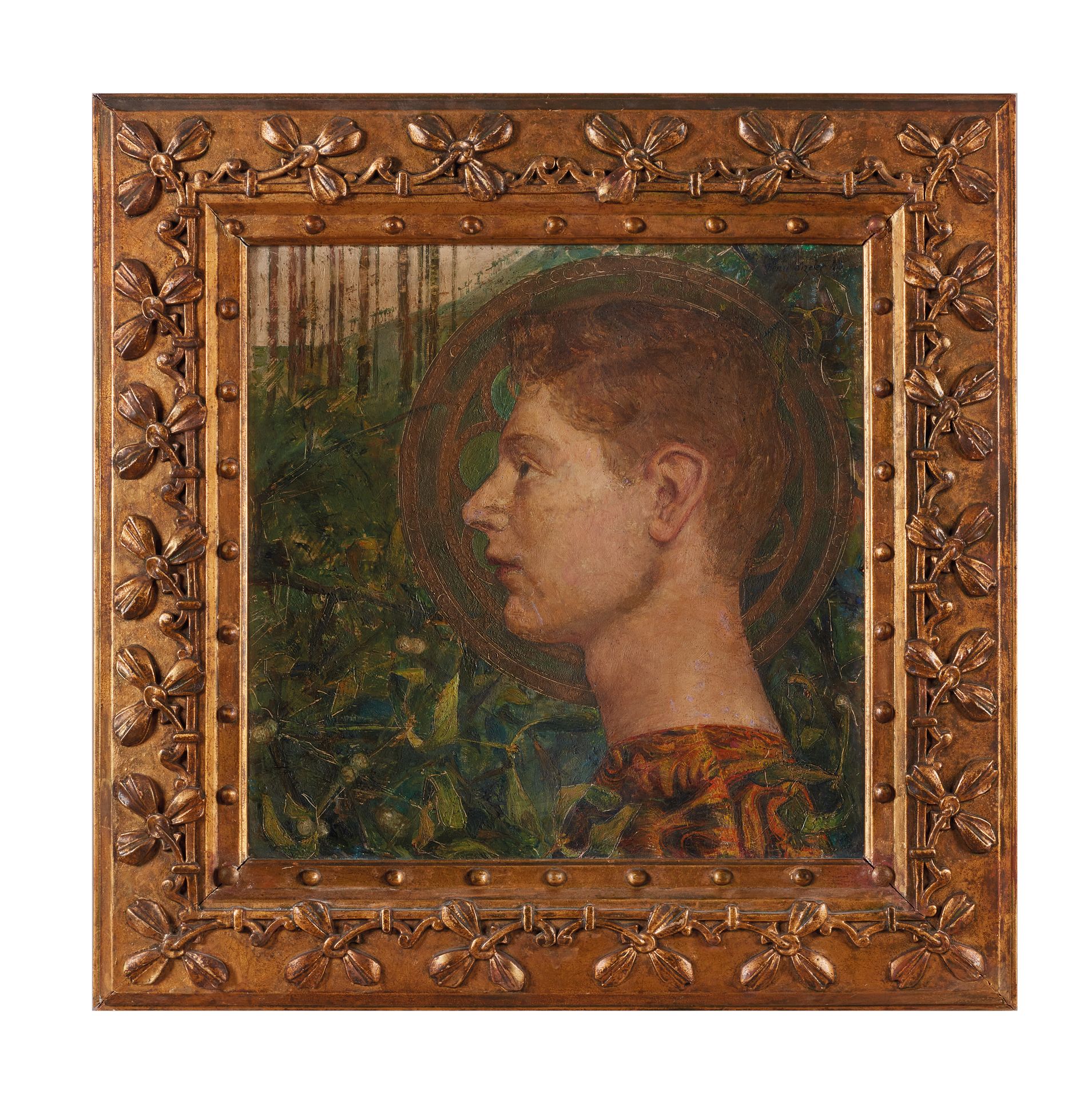 Null 归功于亨利-西泽勒（1884-1944）。

一个有光环的年轻人的轮廓

纸板右上方有签名和日期。

装在一个带有花卉装饰的鎏金框架内。

高32 -&hellip;