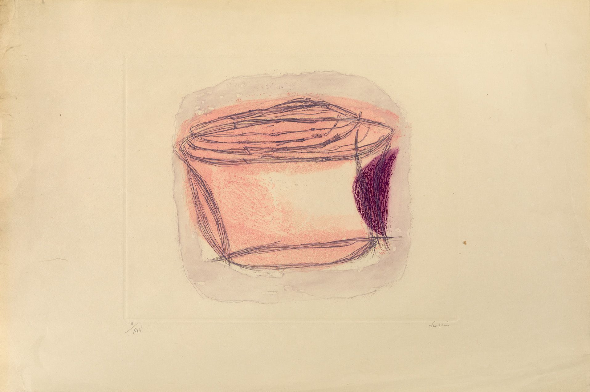 Jean FAUTRIER 让-福里埃 (1898 - 1964)

盒子

彩色蚀刻和水印在老式日本纸上，标题为 "III/XXV"，右下方有签名。

高度2&hellip;