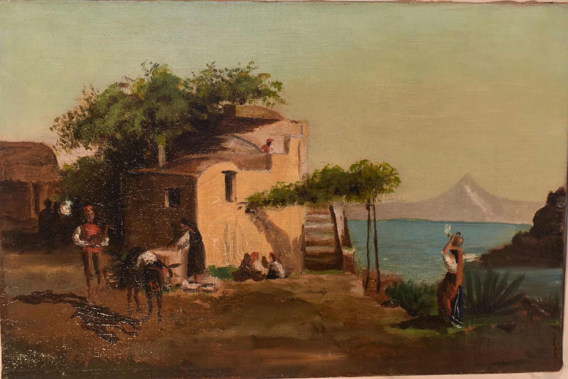 ESCUELA ITALIANA del siglo XIX: Pueblo animado junto al mar. Lienzo. Alto  21 - Ancho 32 cm