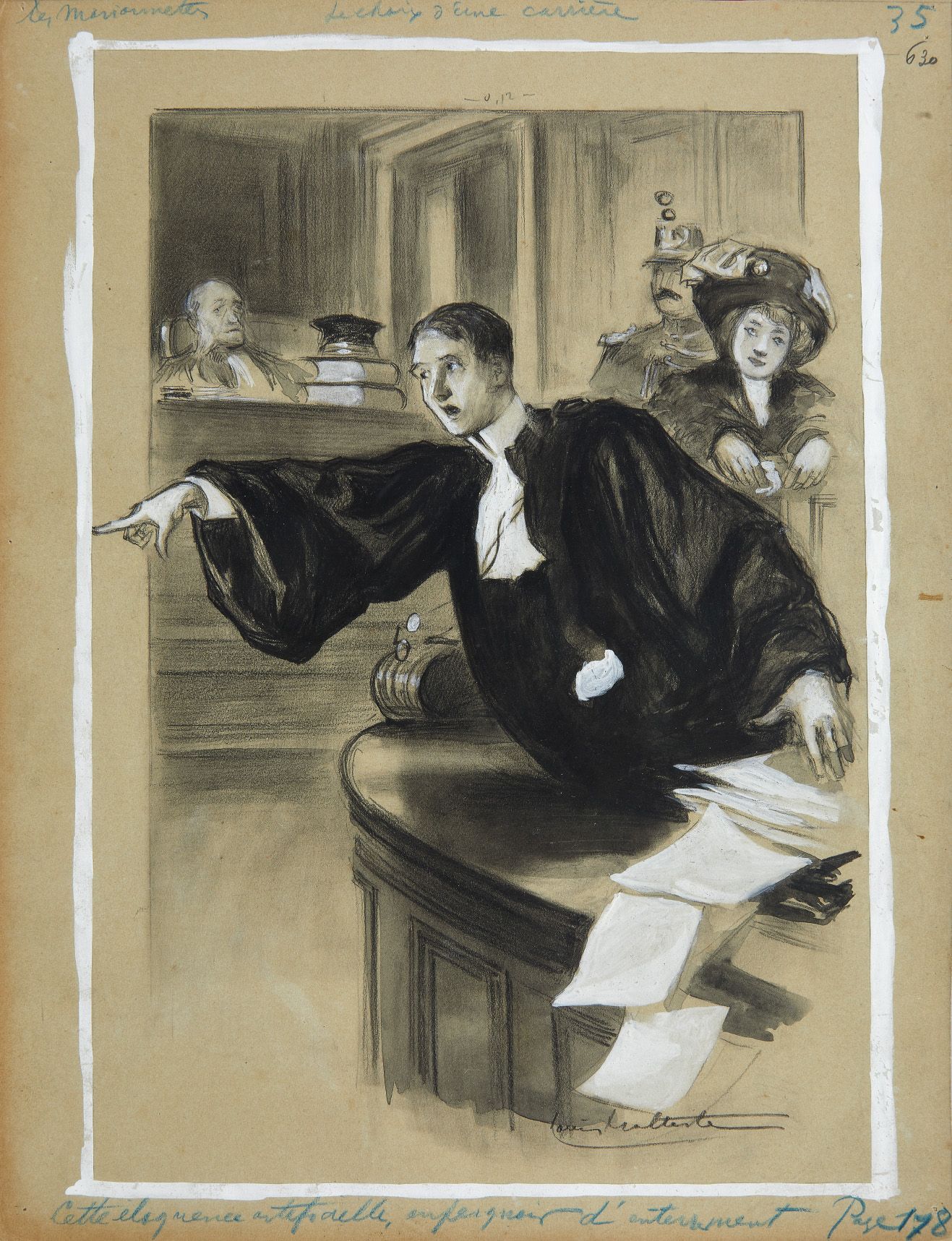 Louis MALTESTE Louis MALTESTE (1862-1928) : Scène d’audience. Fusain et gouache &hellip;
