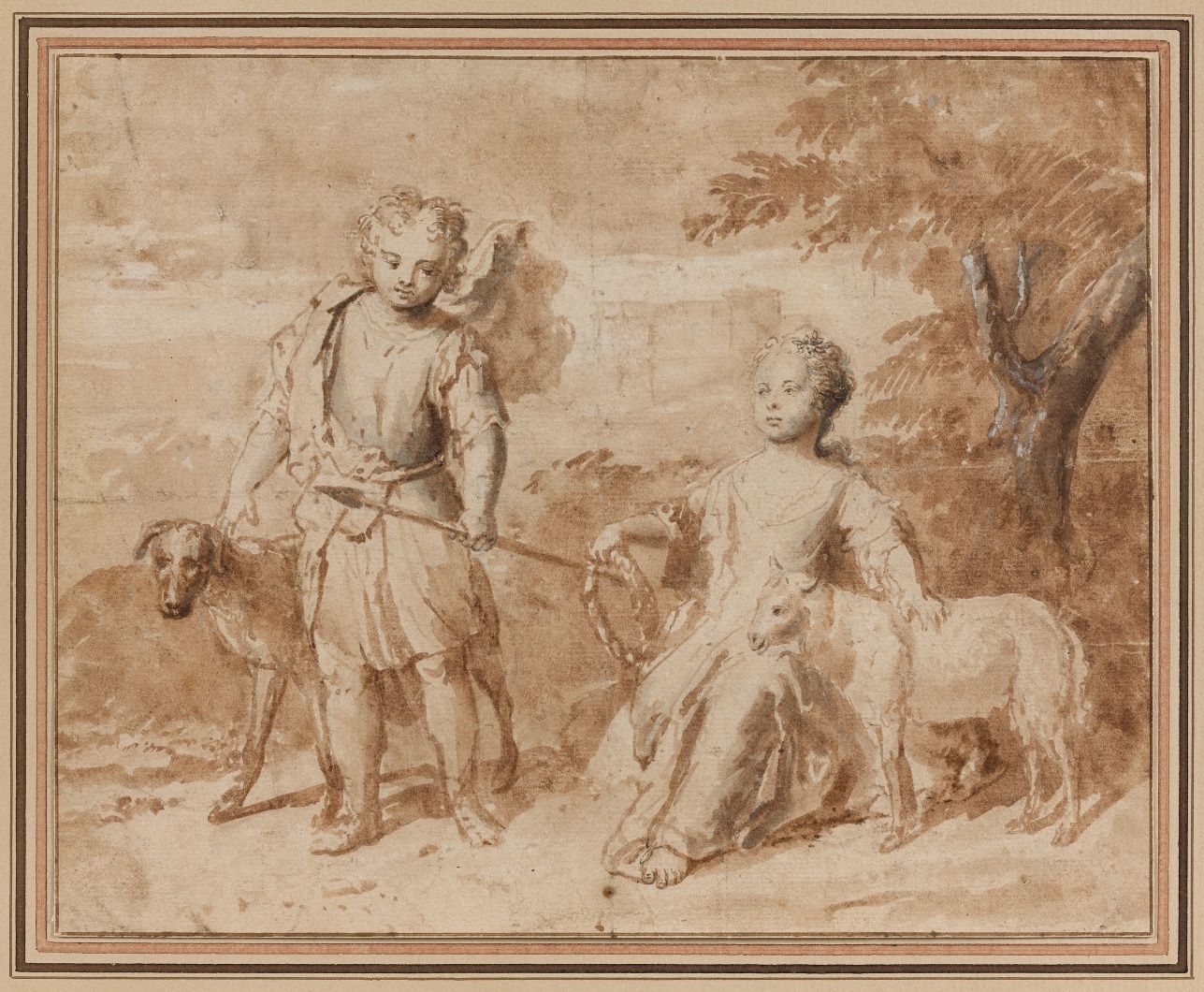 Null 18世纪弗拉芒画派：一个小男孩和他的狗以及一个年轻女孩的肖像。钢笔和棕色墨水，棕色和灰色水洗。背面注有 "Netcher"。高13.7 - 宽13厘米&hellip;