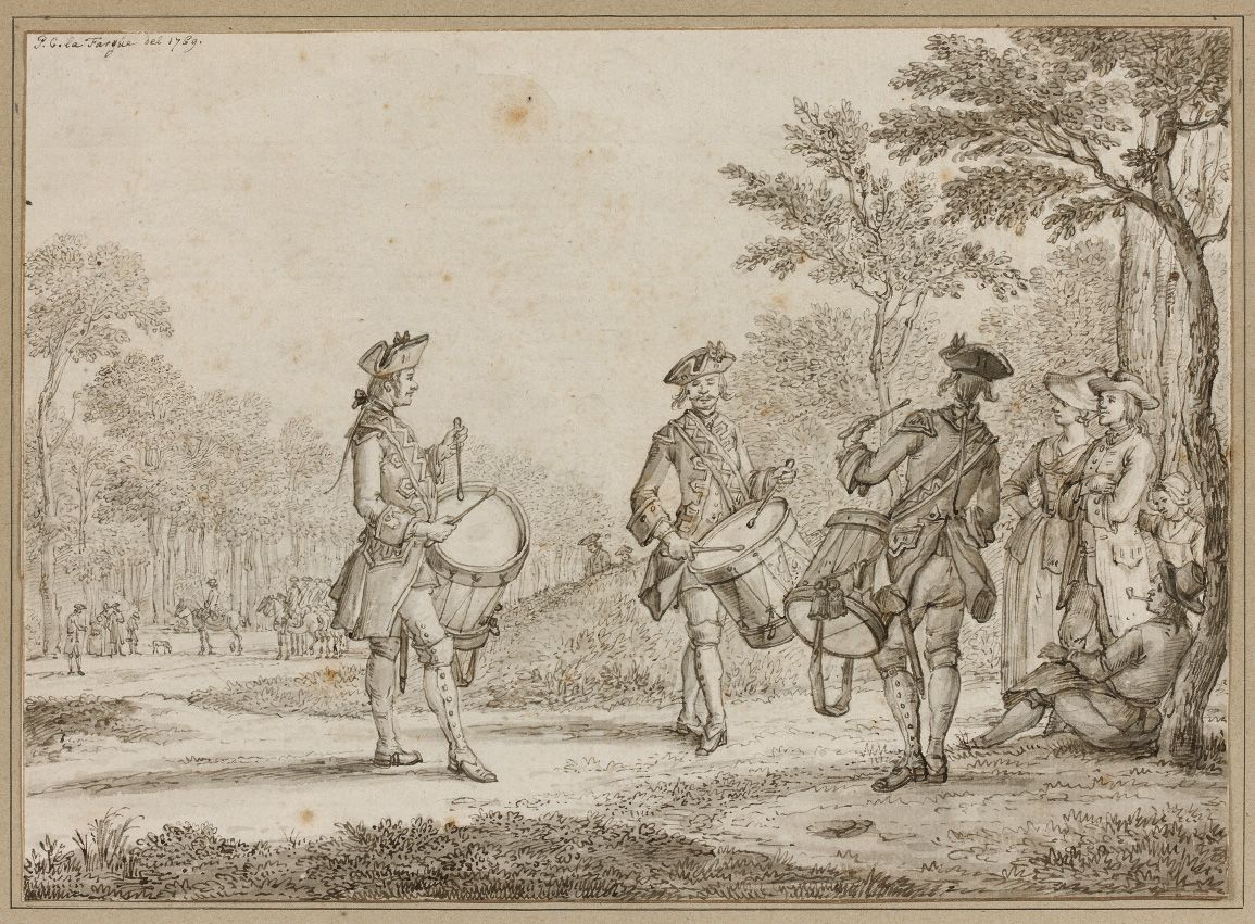 Null 18世纪的法国画派：鼓声。钢笔和棕色墨水，灰色水洗。左上方有签名和日期 "P G LAFARGUE 1769"。高16 - 宽22,2厘米