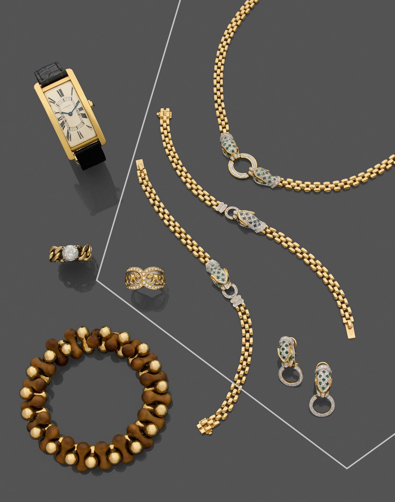 Null 组成一套75万分之一的黄金套装，上面有豹子的装饰，部分镶有钻石、蓝宝石和绿宝石，包括：一条衔接的项链（长47厘米-毛重34.4克），两个手镯（长18厘&hellip;