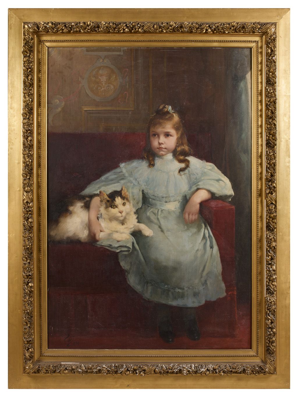 Jean GEOFFROY dit GEO 让-吉奥夫罗伊，人称吉奥（1853-1924）。带着猫的女孩。画布左下方有签名，日期为1894年。在画布的背面，有巴&hellip;