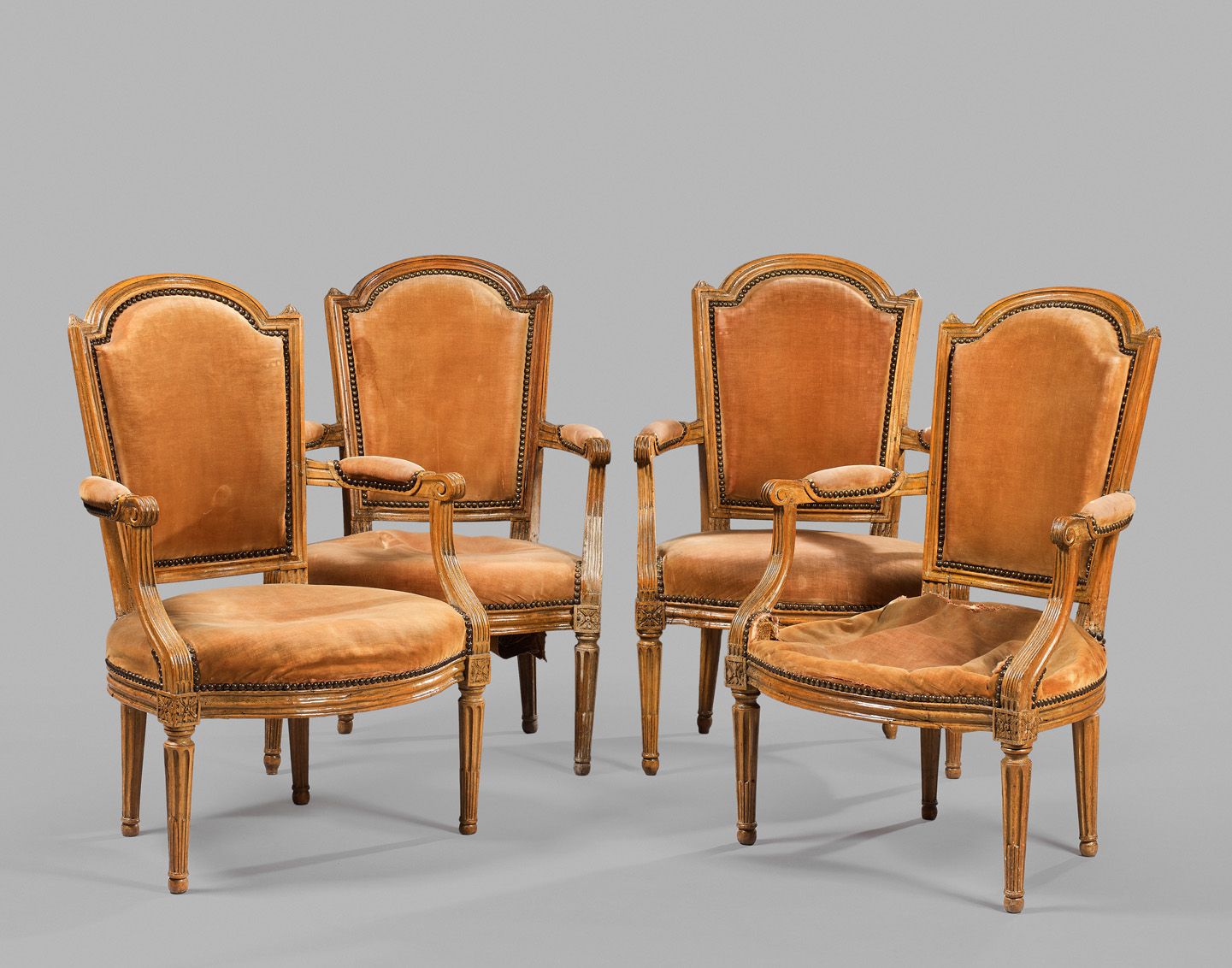 Jean-François-Marcoul LANGON Four cabriolet armchairs in molded wood with trapez&hellip;