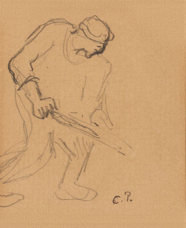 Camille PISSARRO 卡米尔-皮萨罗（1830-1903）。收割者。铅笔画，右下角有签名的单字印章。高11 - 宽9厘米