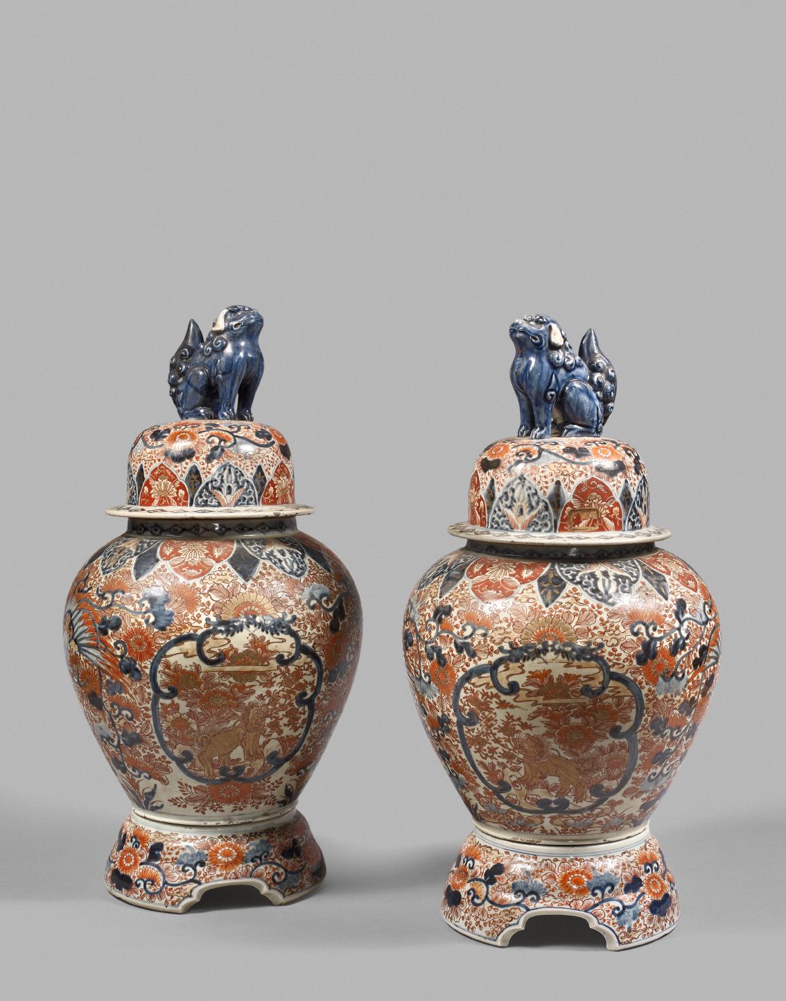Null Pair of covered potiches and their bases in polychrome and gold porcelain w&hellip;