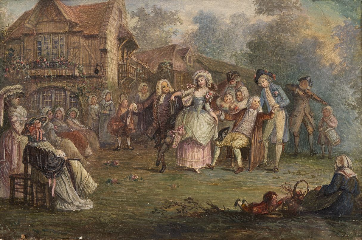 Null 19世纪的法国画派：新娘的舞蹈。水粉画。右下角有假的Monogrammed DB。高11,5 - 宽18,5厘米
右上角有破损。