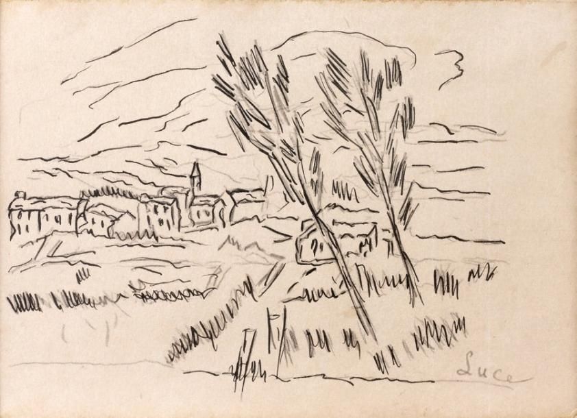 Maximilien LUCE (1858-1941) Paysage Dessin au crayon et à l'encre signé en bas à&hellip;