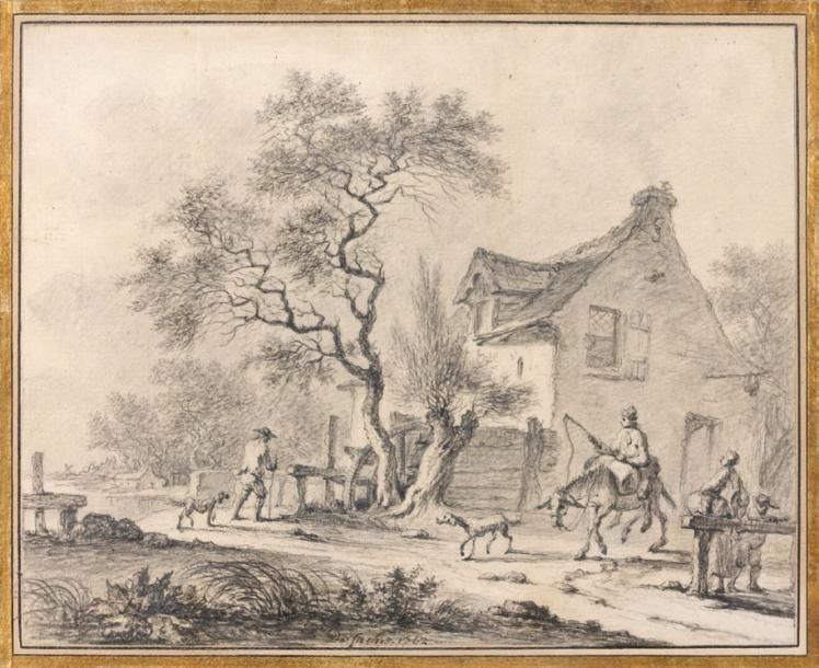 Thomas Aignan DESFRICHES (1715-1800) Chemin animé devant une auberge Crayon noir&hellip;