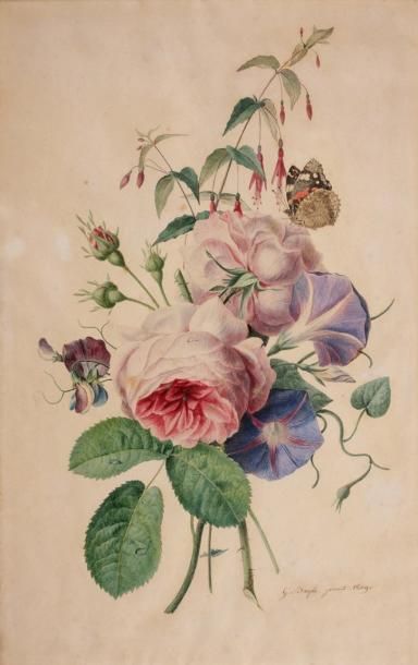 Bertrand Georges de BAYLE (1788-1851) Jetée de fleurs et papillon Aquarelle goua&hellip;